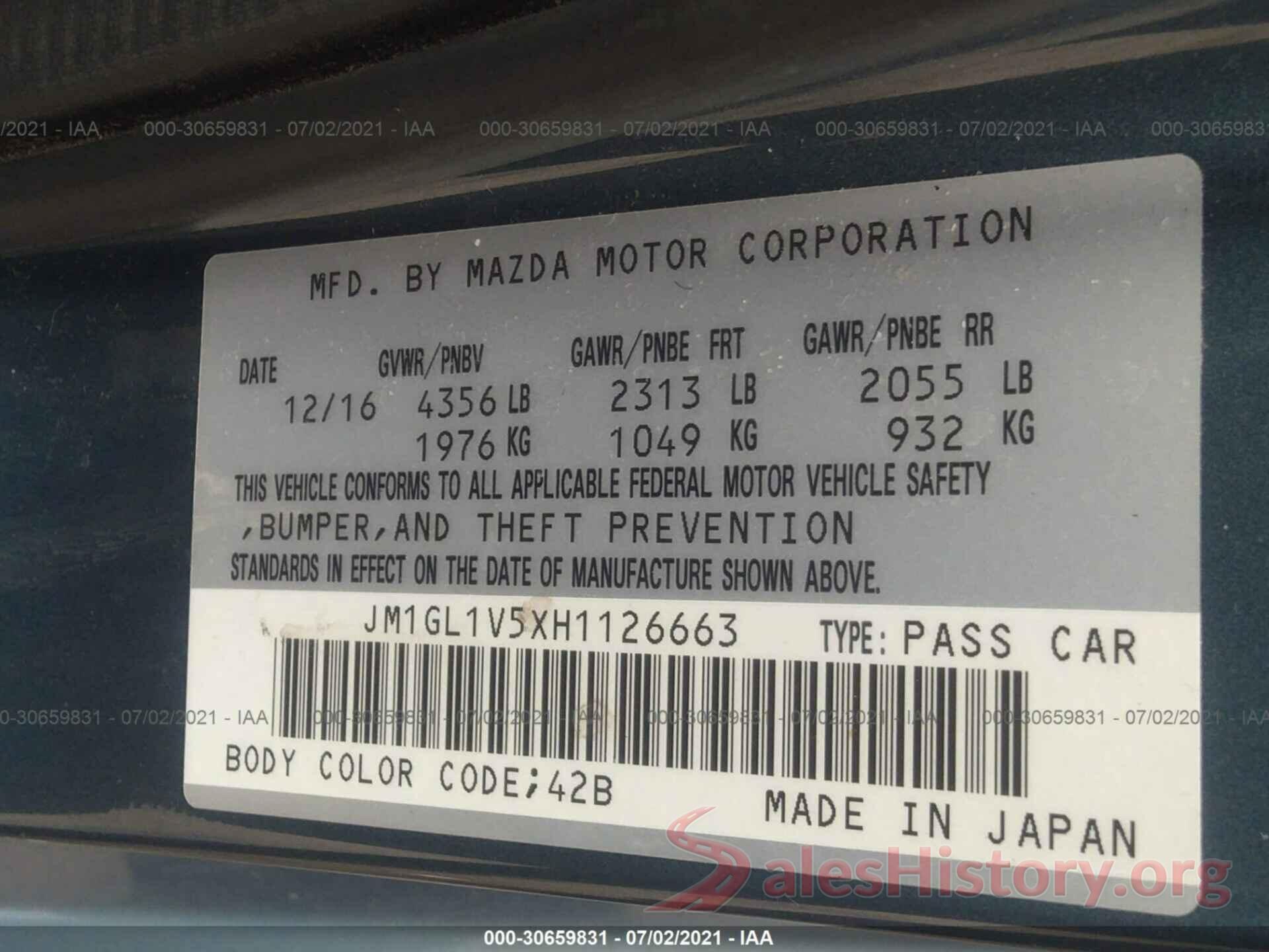 JM1GL1V5XH1126663 2017 MAZDA MAZDA6