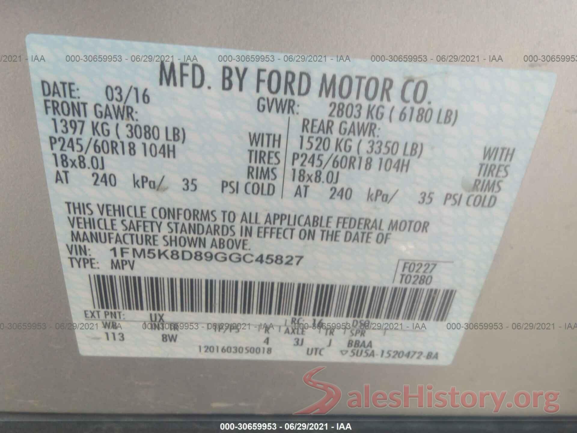 1FM5K8D89GGC45827 2016 FORD EXPLORER