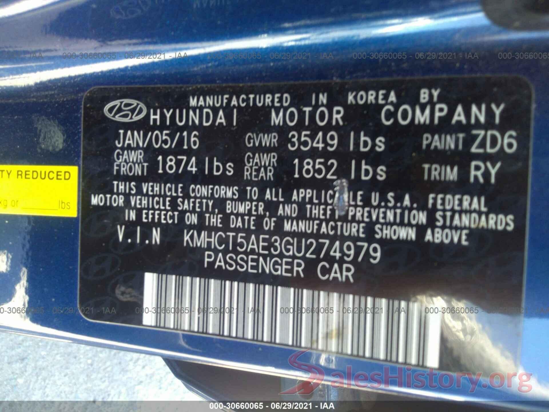 KMHCT5AE3GU274979 2016 HYUNDAI ACCENT