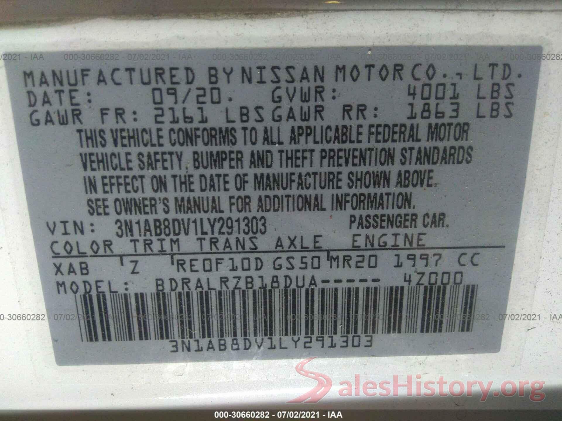 3N1AB8DV1LY291303 2020 NISSAN SENTRA