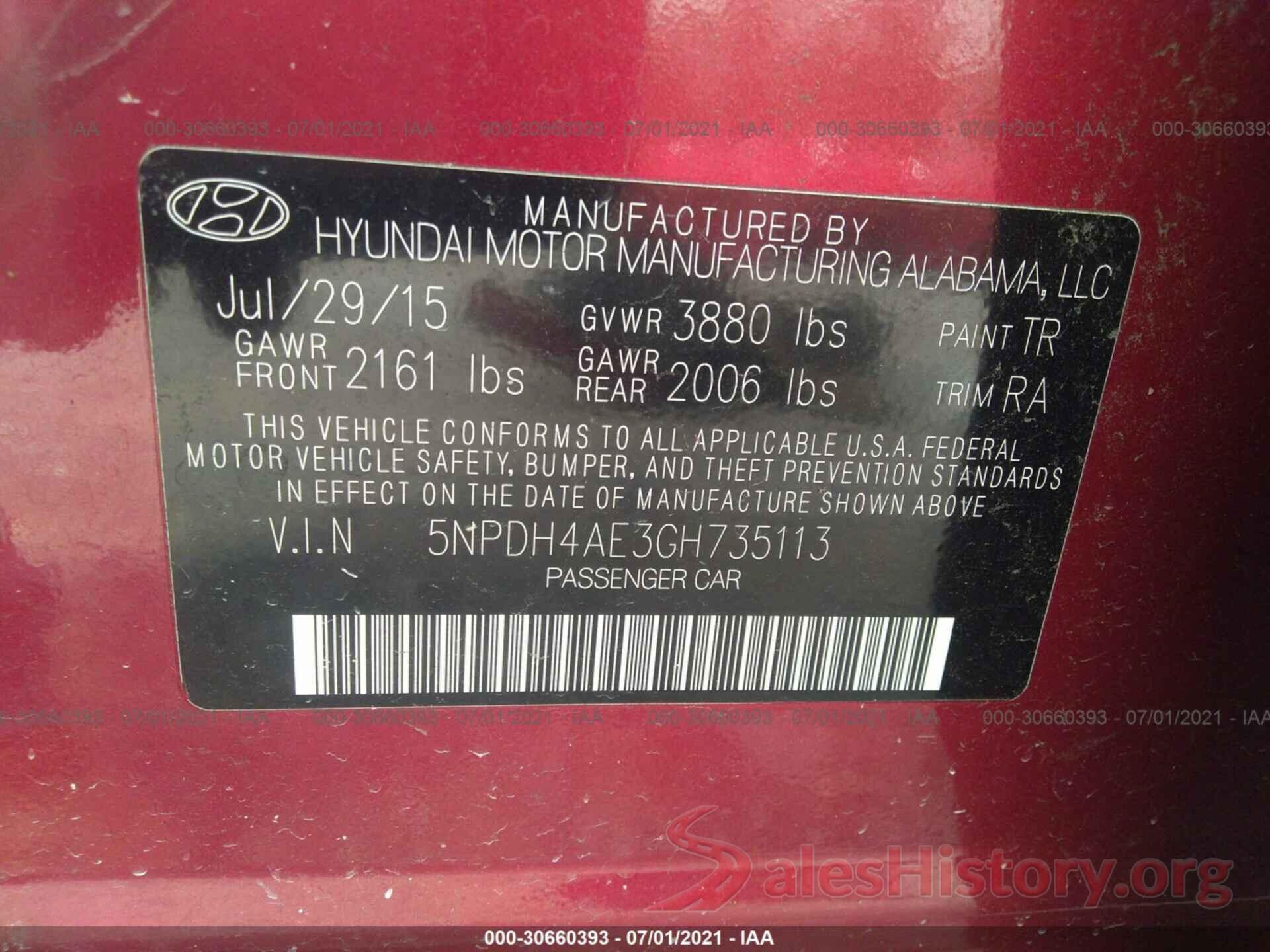 5NPDH4AE3GH735113 2016 HYUNDAI ELANTRA