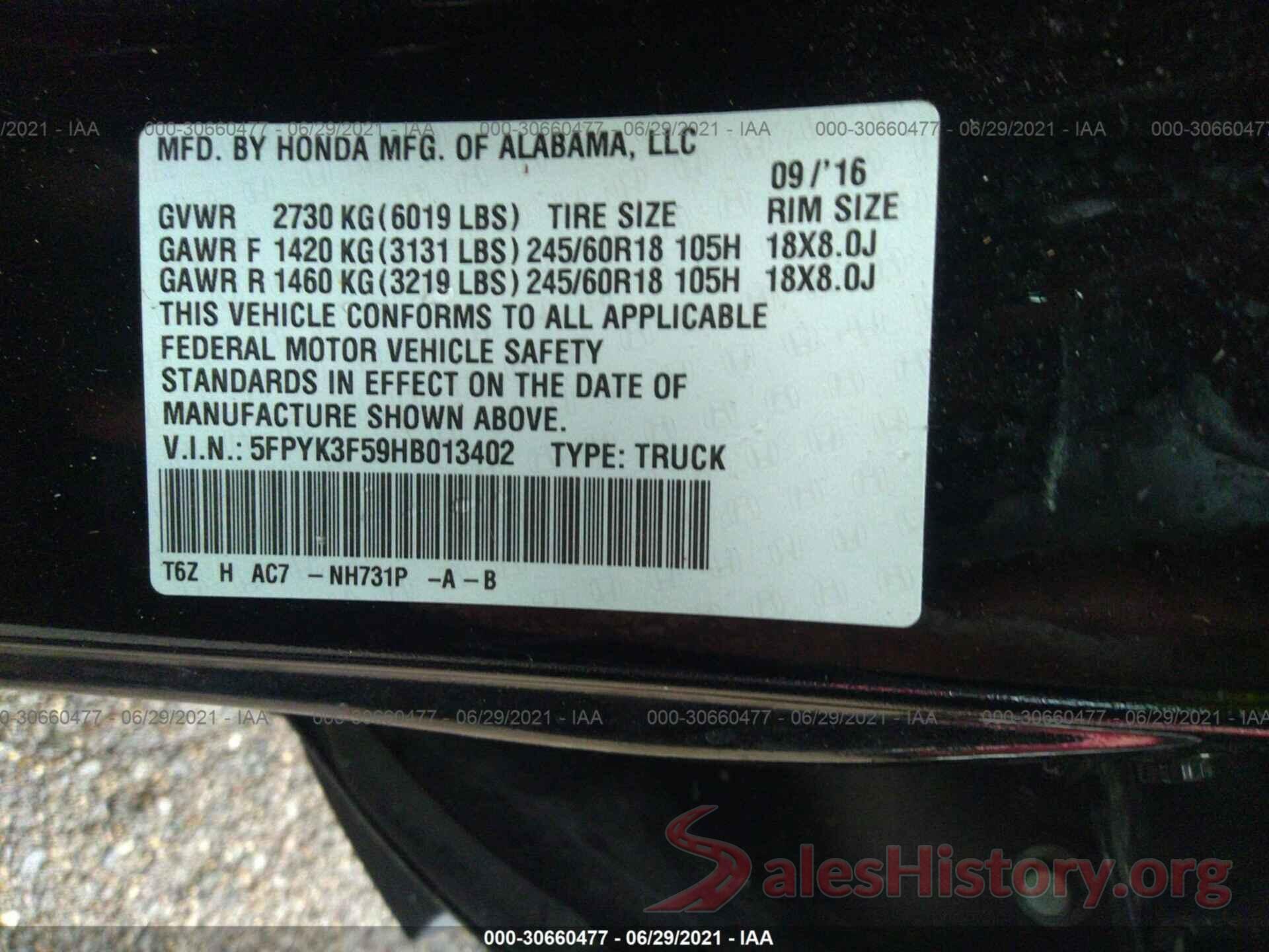 5FPYK3F59HB013402 2017 HONDA RIDGELINE