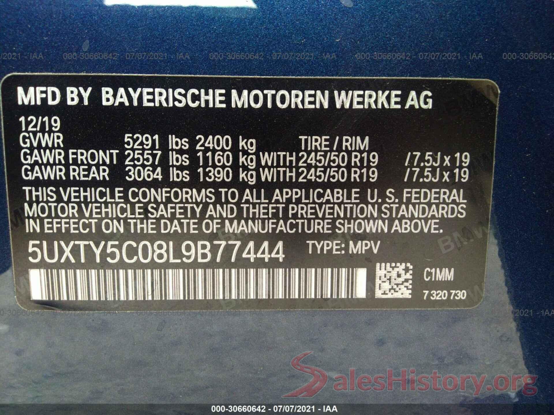 5UXTY5C08L9B77444 2020 BMW X3