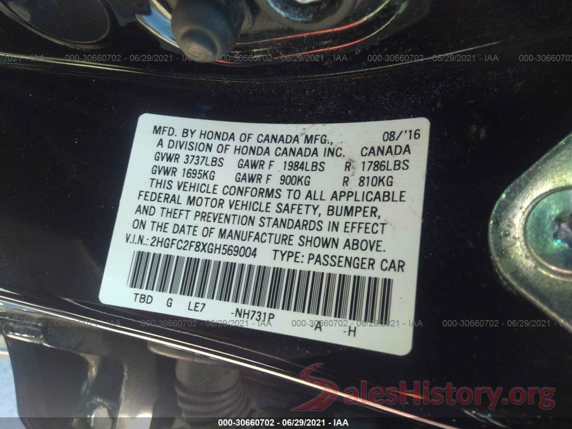 2HGFC2F8XGH569004 2016 HONDA CIVIC SEDAN