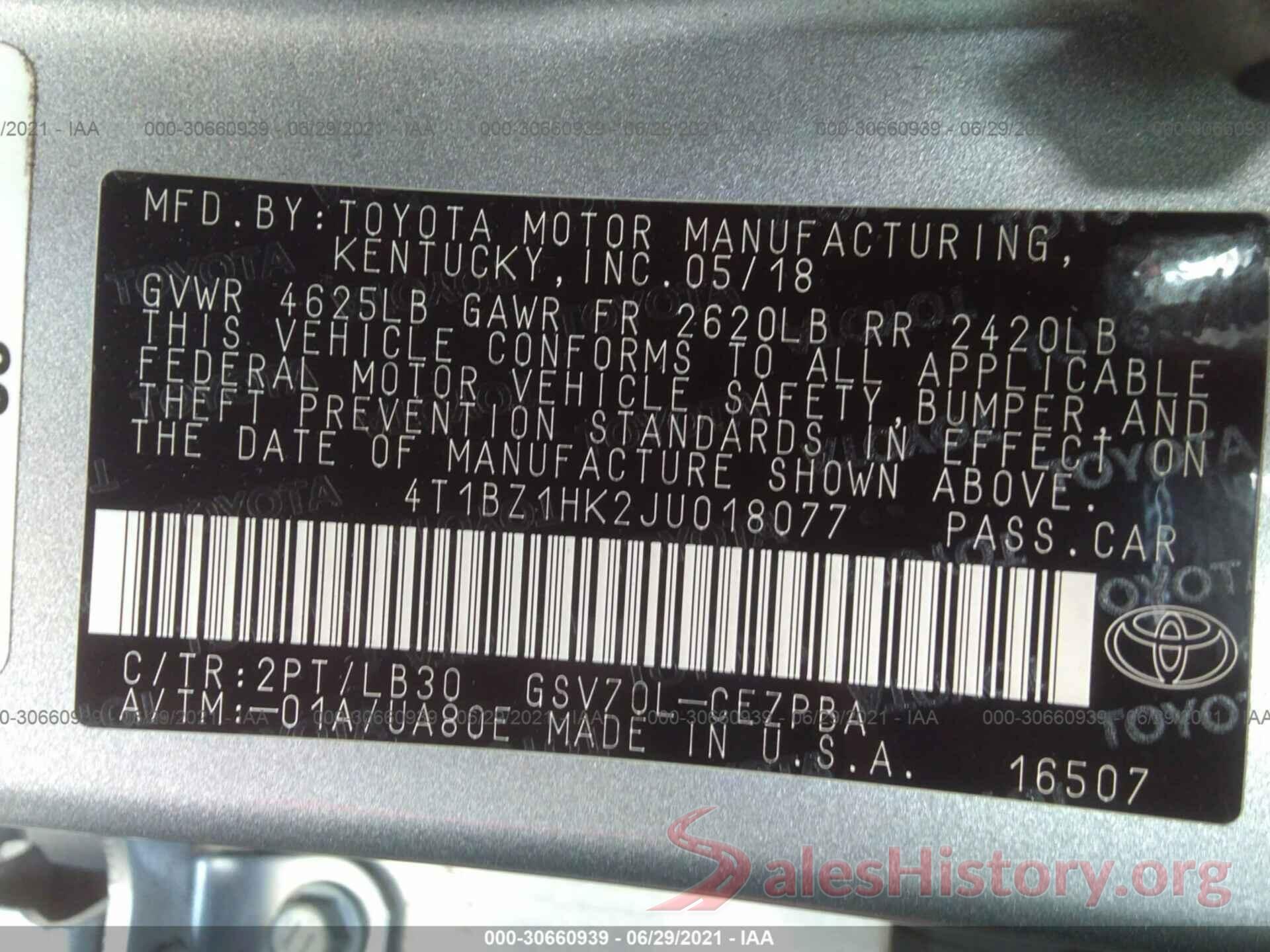 4T1BZ1HK2JU018077 2018 TOYOTA CAMRY