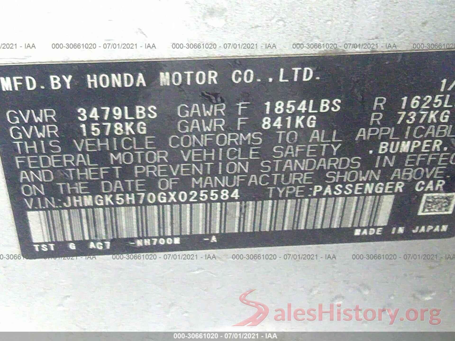 JHMGK5H70GX025584 2016 HONDA FIT