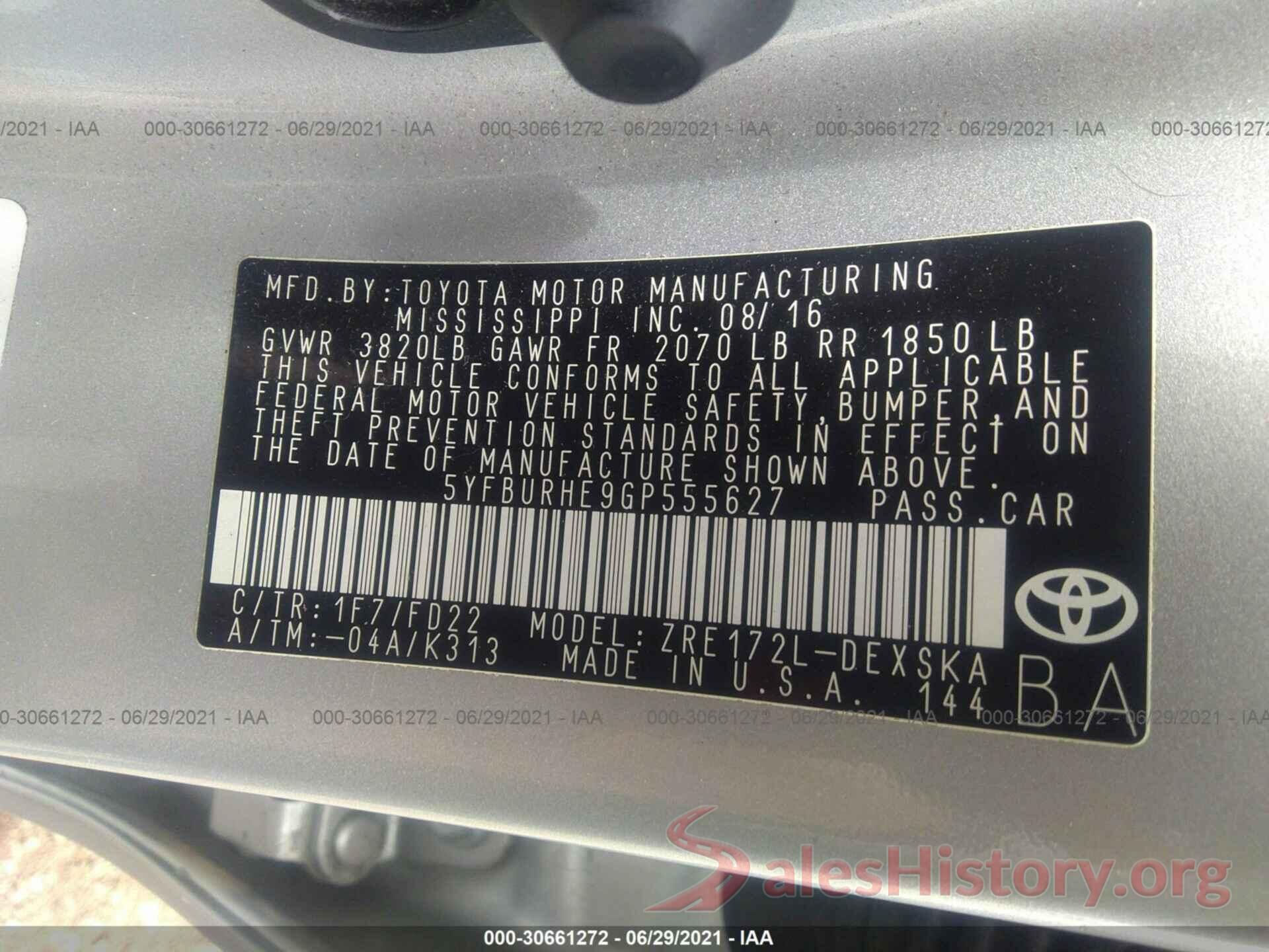 5YFBURHE9GP555627 2016 TOYOTA COROLLA