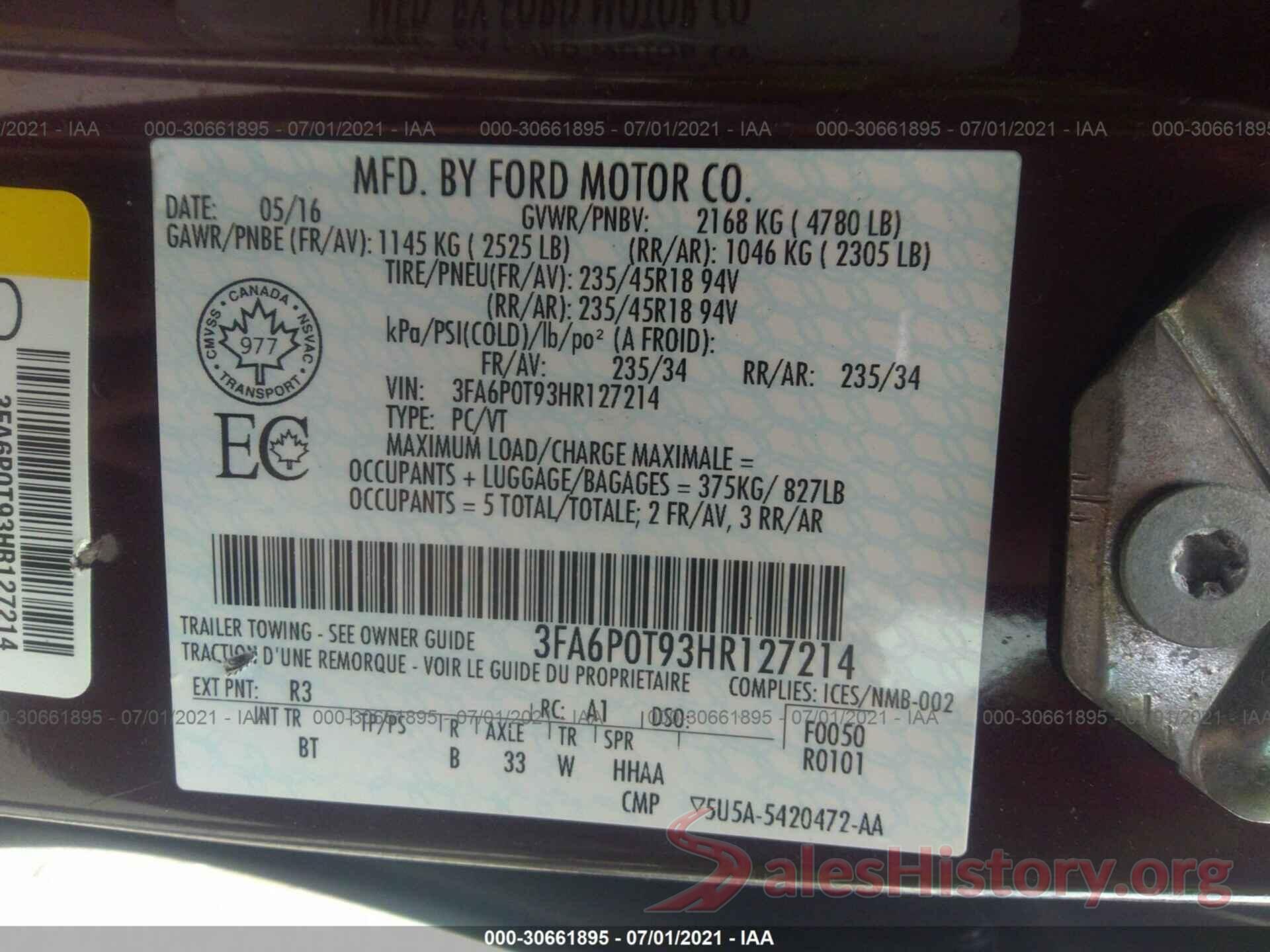 3FA6P0T93HR127214 2017 FORD FUSION