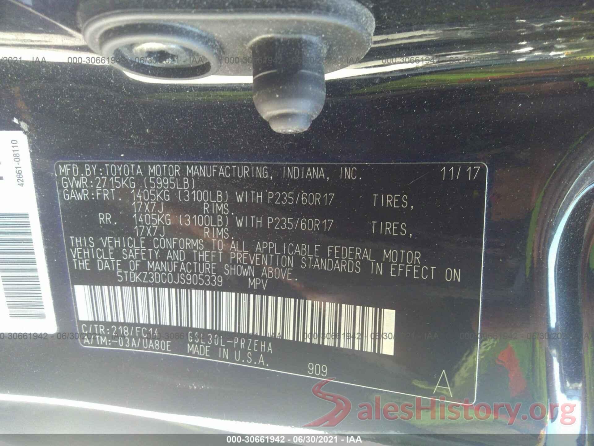 5TDKZ3DC0JS905339 2018 TOYOTA SIENNA