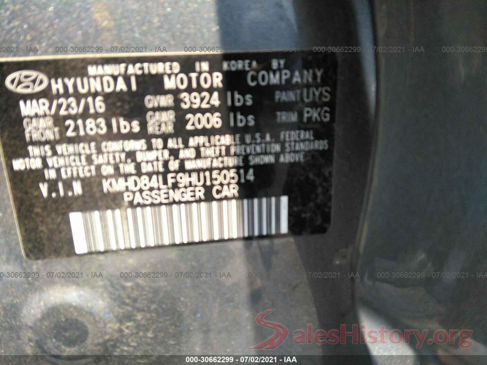 KMHD84LF9HU150514 2017 HYUNDAI ELANTRA