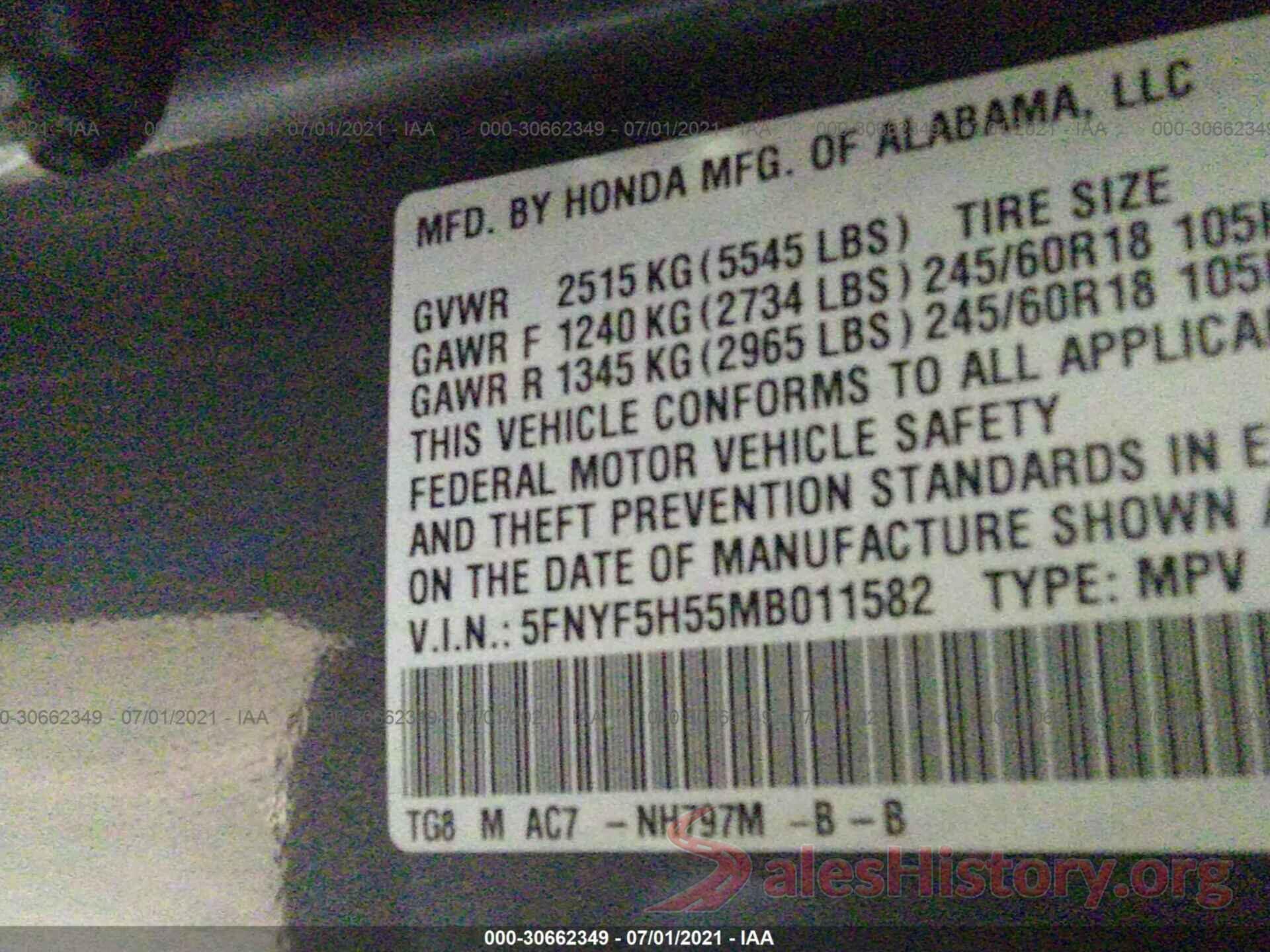 5FNYF5H55MB011582 2021 HONDA PILOT