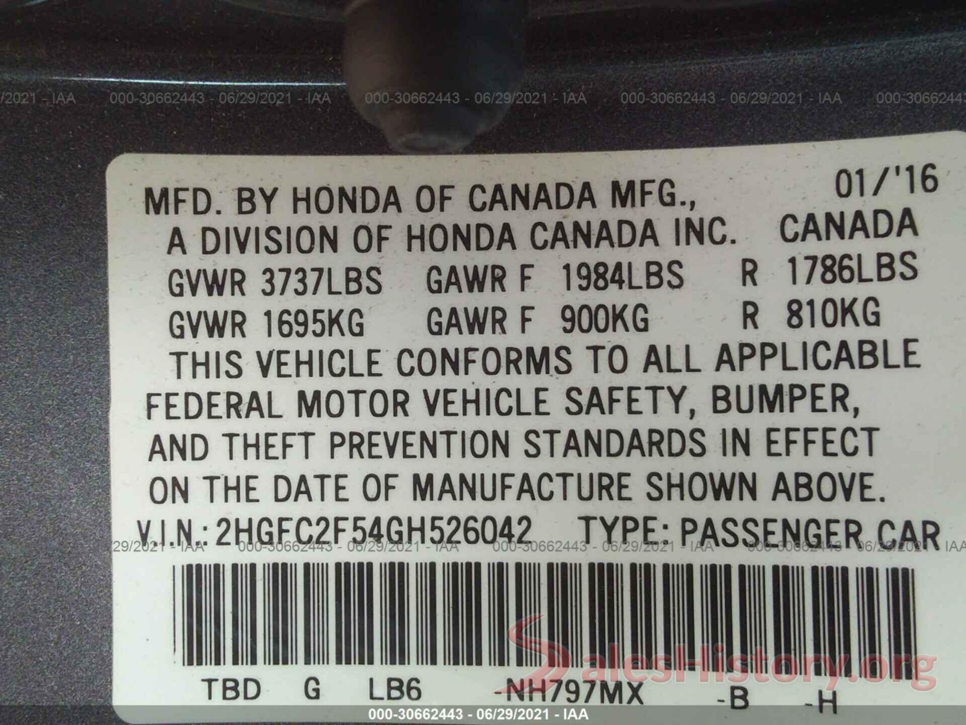 2HGFC2F54GH526042 2016 HONDA CIVIC SEDAN