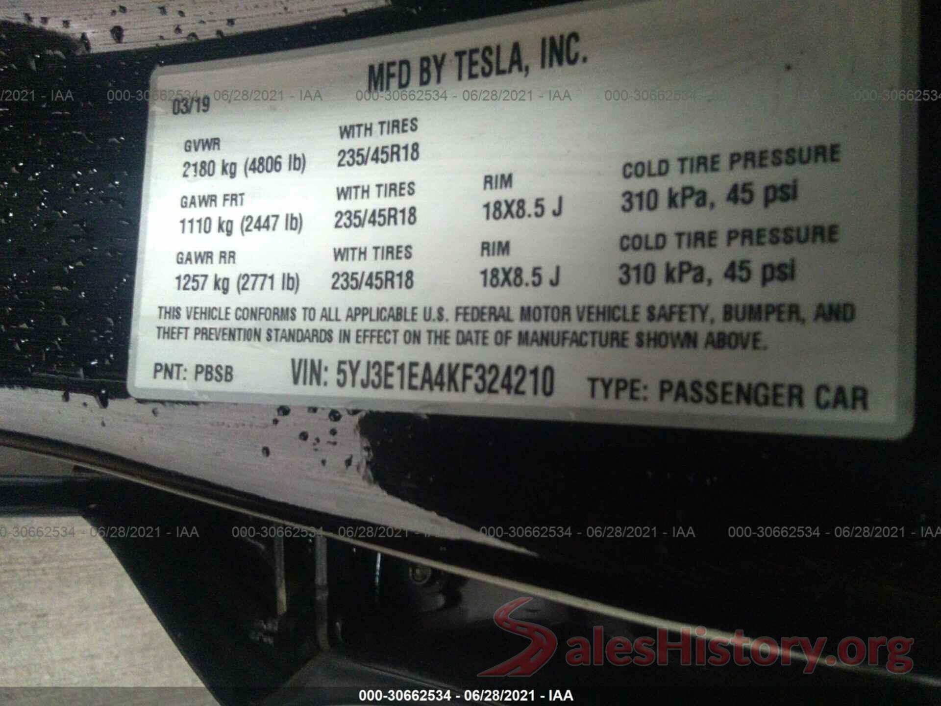 5YJ3E1EA4KF324210 2019 TESLA MODEL 3