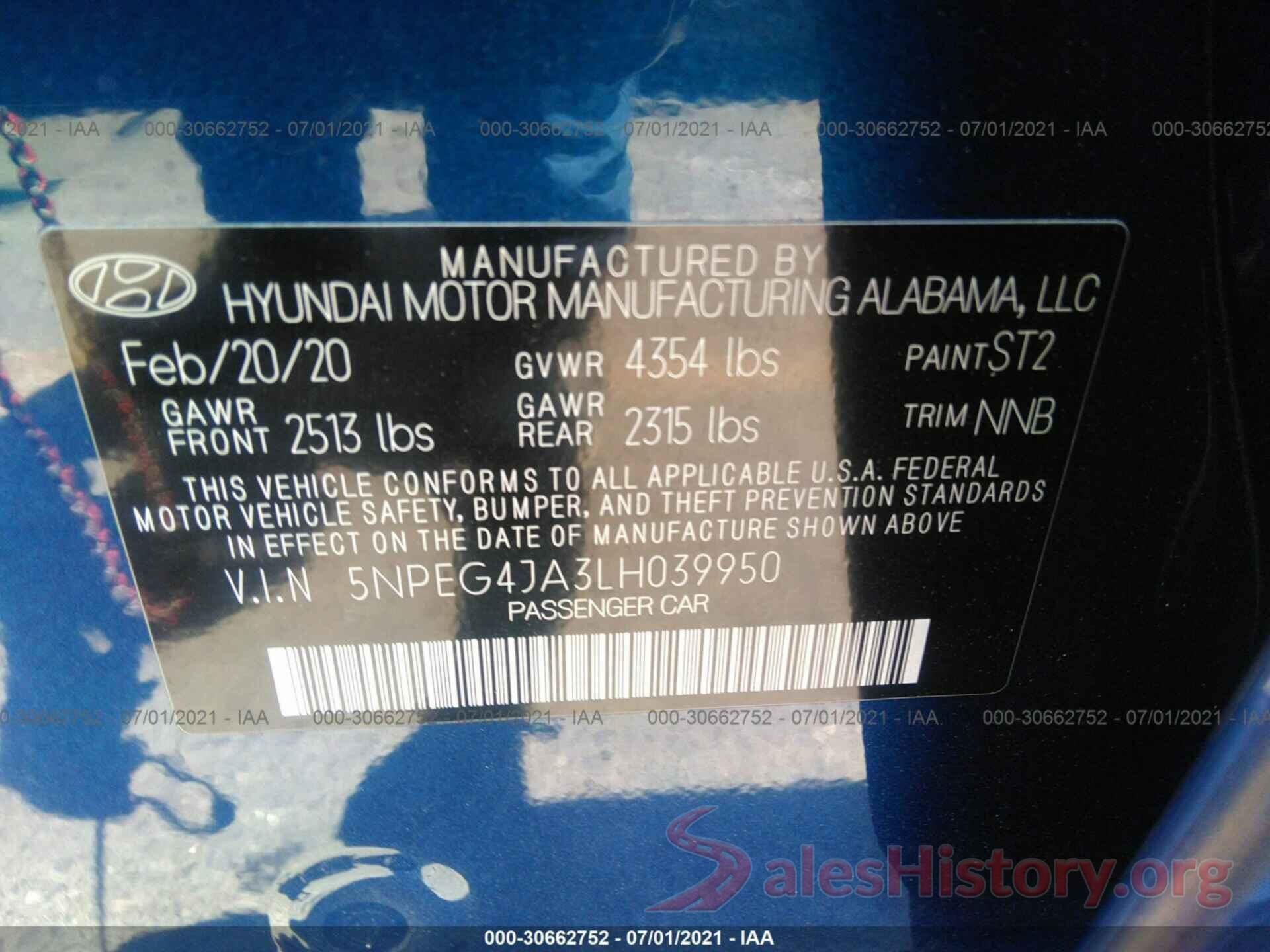 5NPEG4JA3LH039950 2020 HYUNDAI SONATA