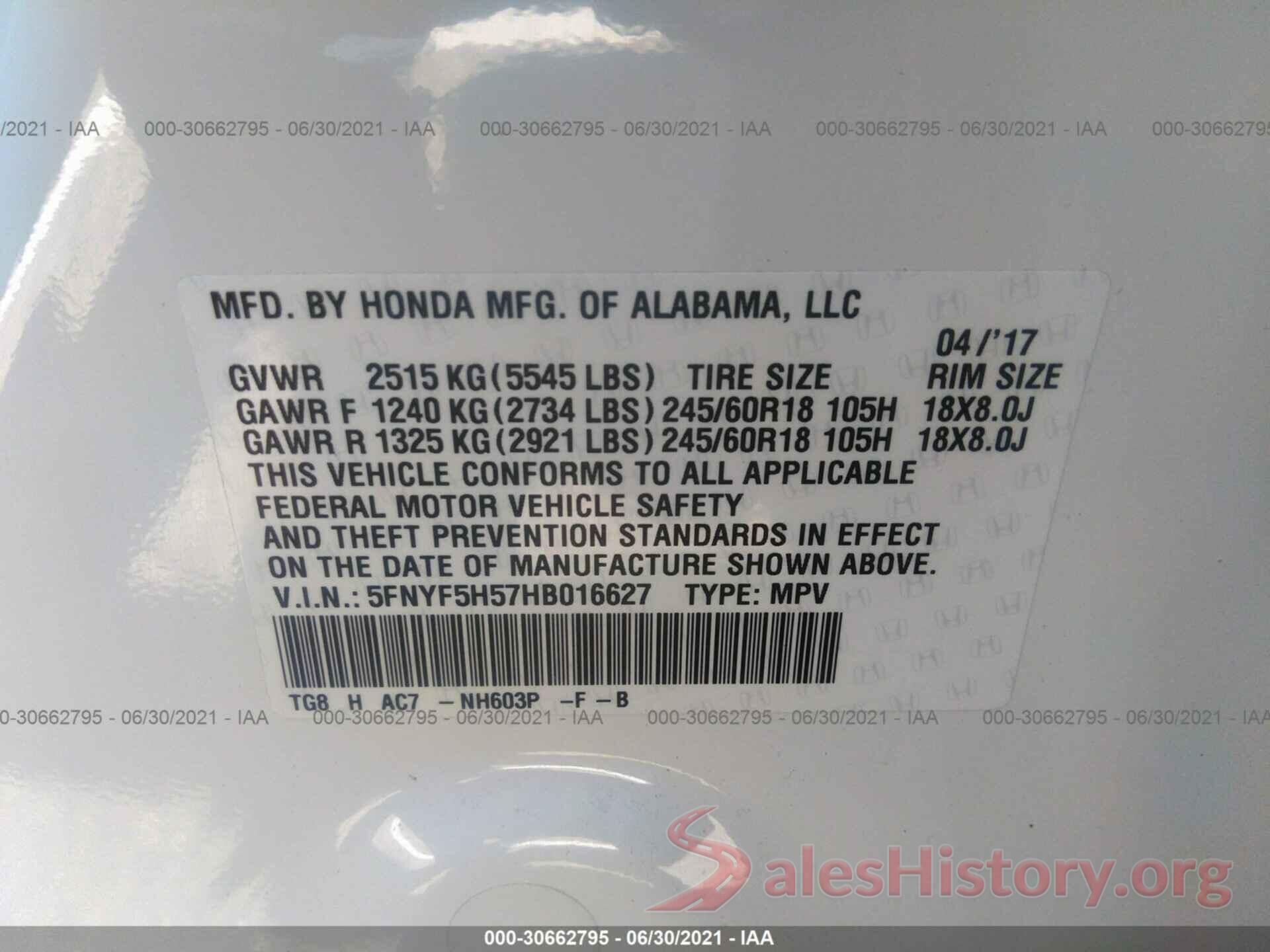 5FNYF5H57HB016627 2017 HONDA PILOT