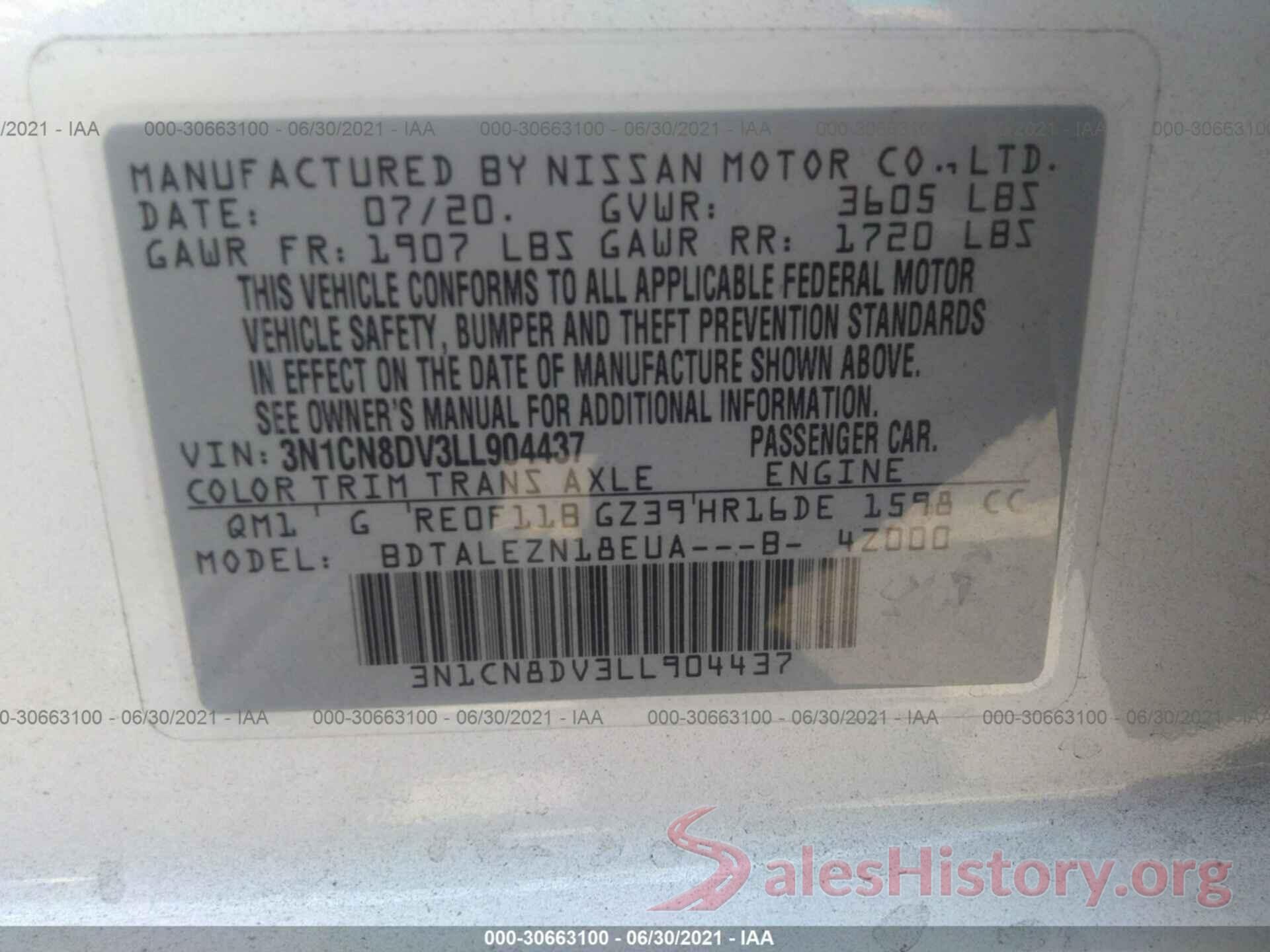 3N1CN8DV3LL904437 2020 NISSAN VERSA