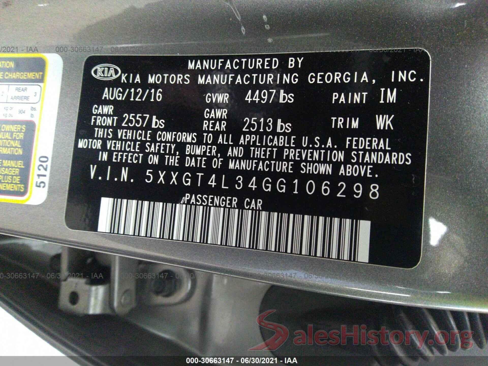 5XXGT4L34GG106298 2016 KIA OPTIMA