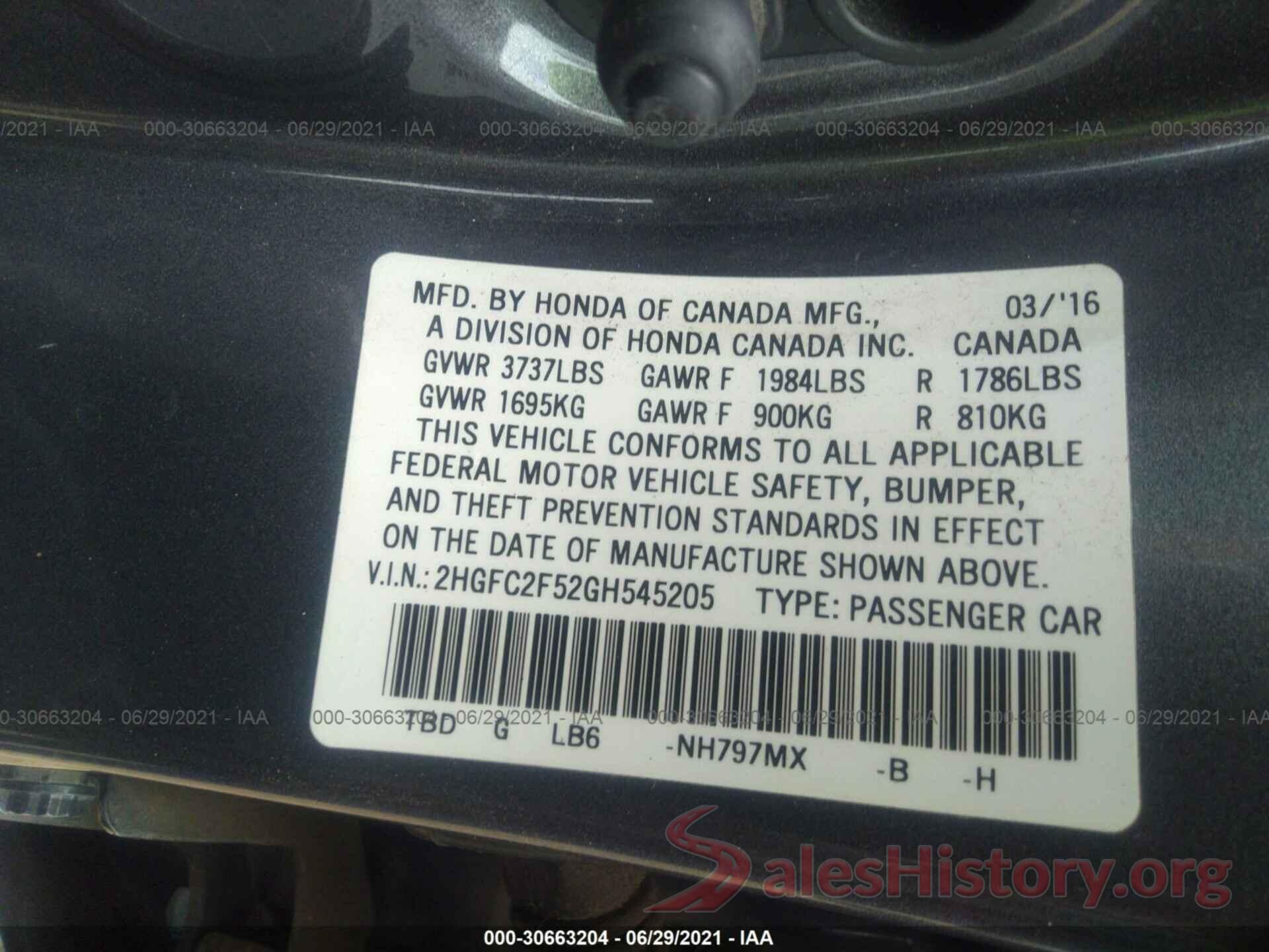 2HGFC2F52GH545205 2016 HONDA CIVIC SEDAN