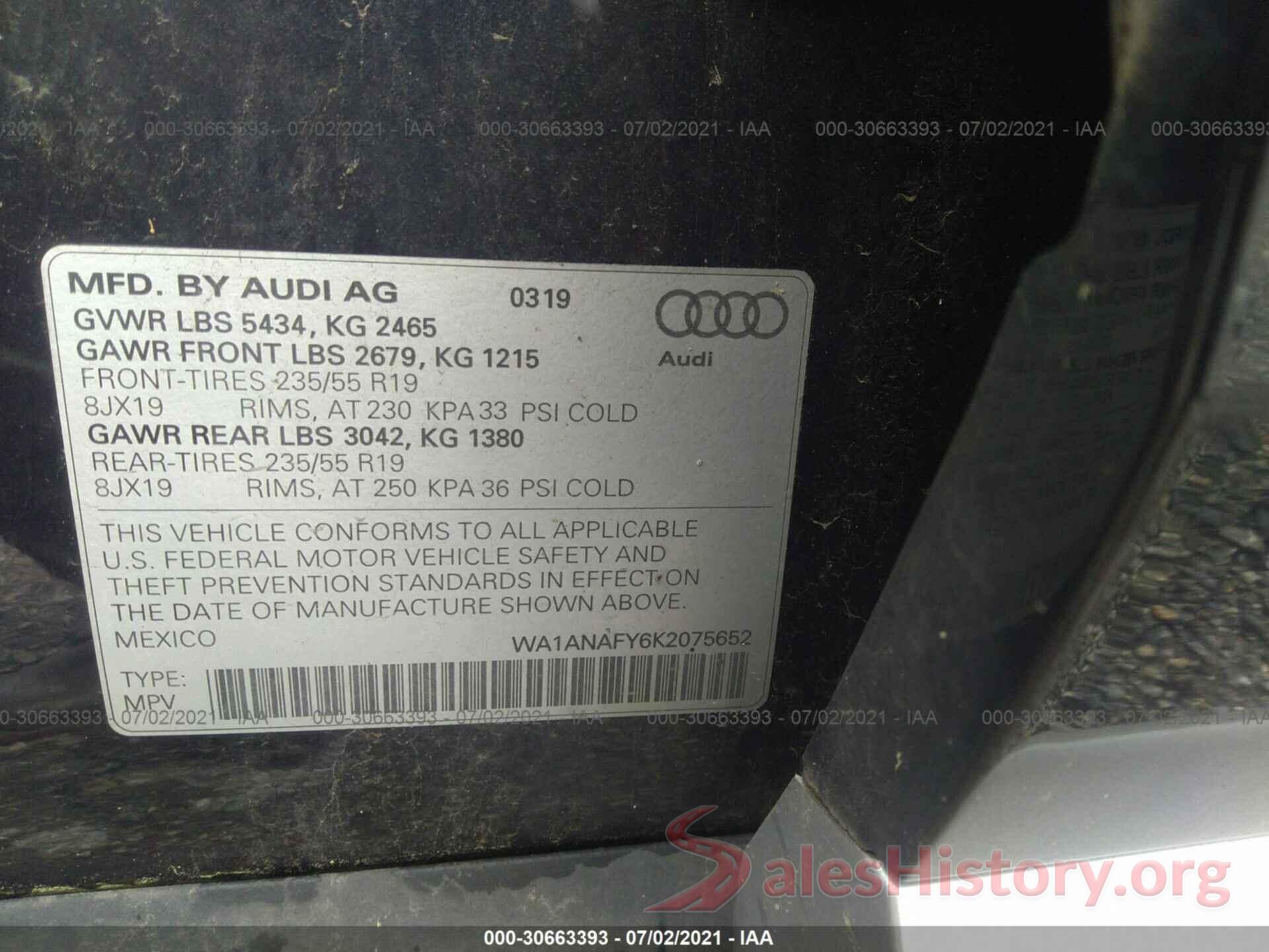 WA1ANAFY6K2075652 2019 AUDI Q5