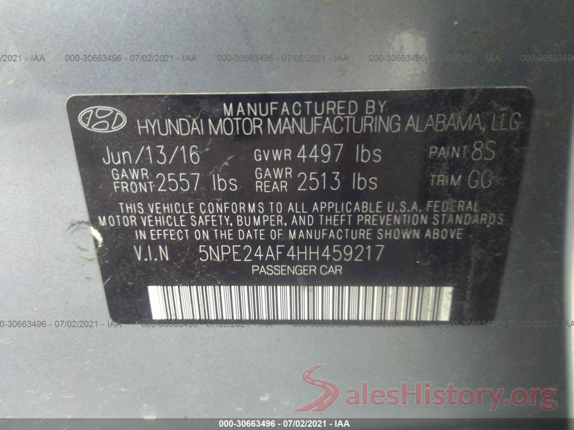 5NPE24AF4HH459217 2017 HYUNDAI SONATA