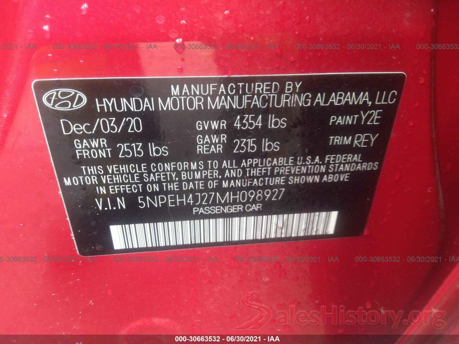 5NPEH4J27MH098927 2021 HYUNDAI SONATA