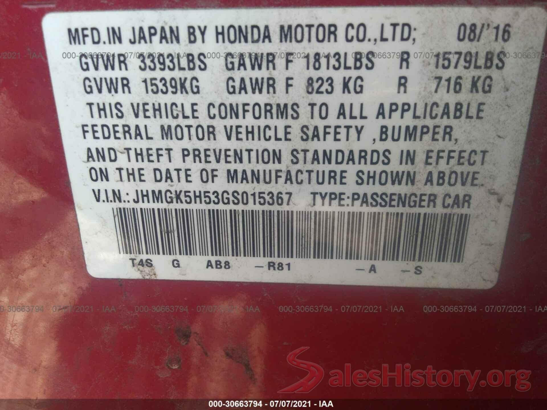 JHMGK5H53GS015367 2016 HONDA FIT