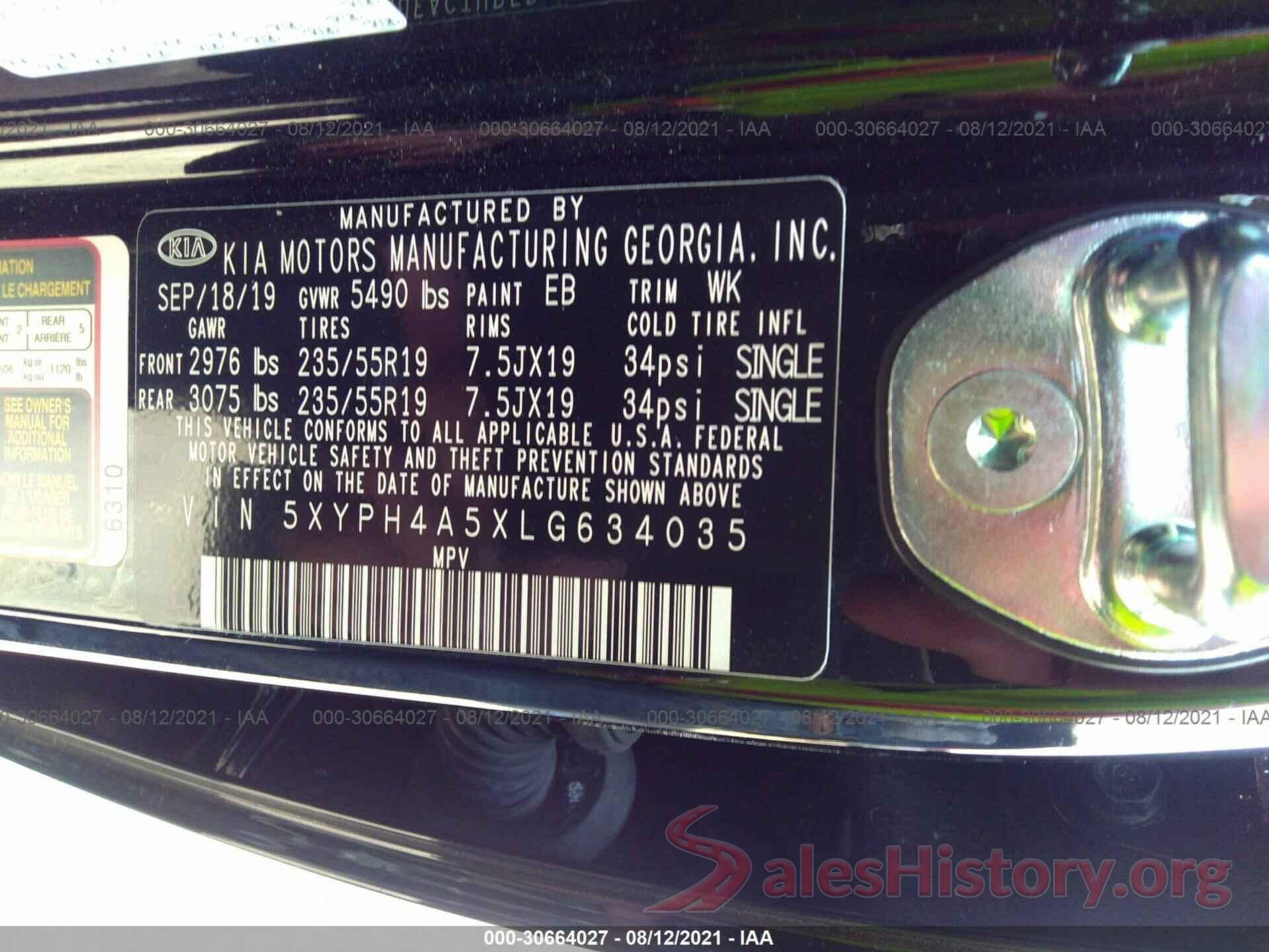 5XYPH4A5XLG634035 2020 KIA SORENTO