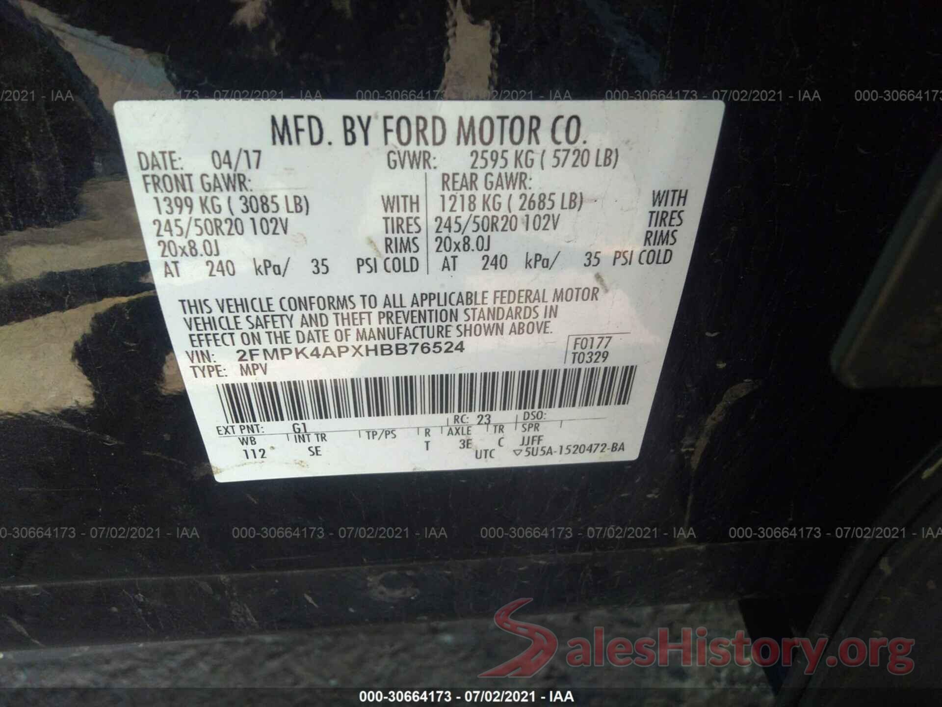 2FMPK4APXHBB76524 2017 FORD EDGE