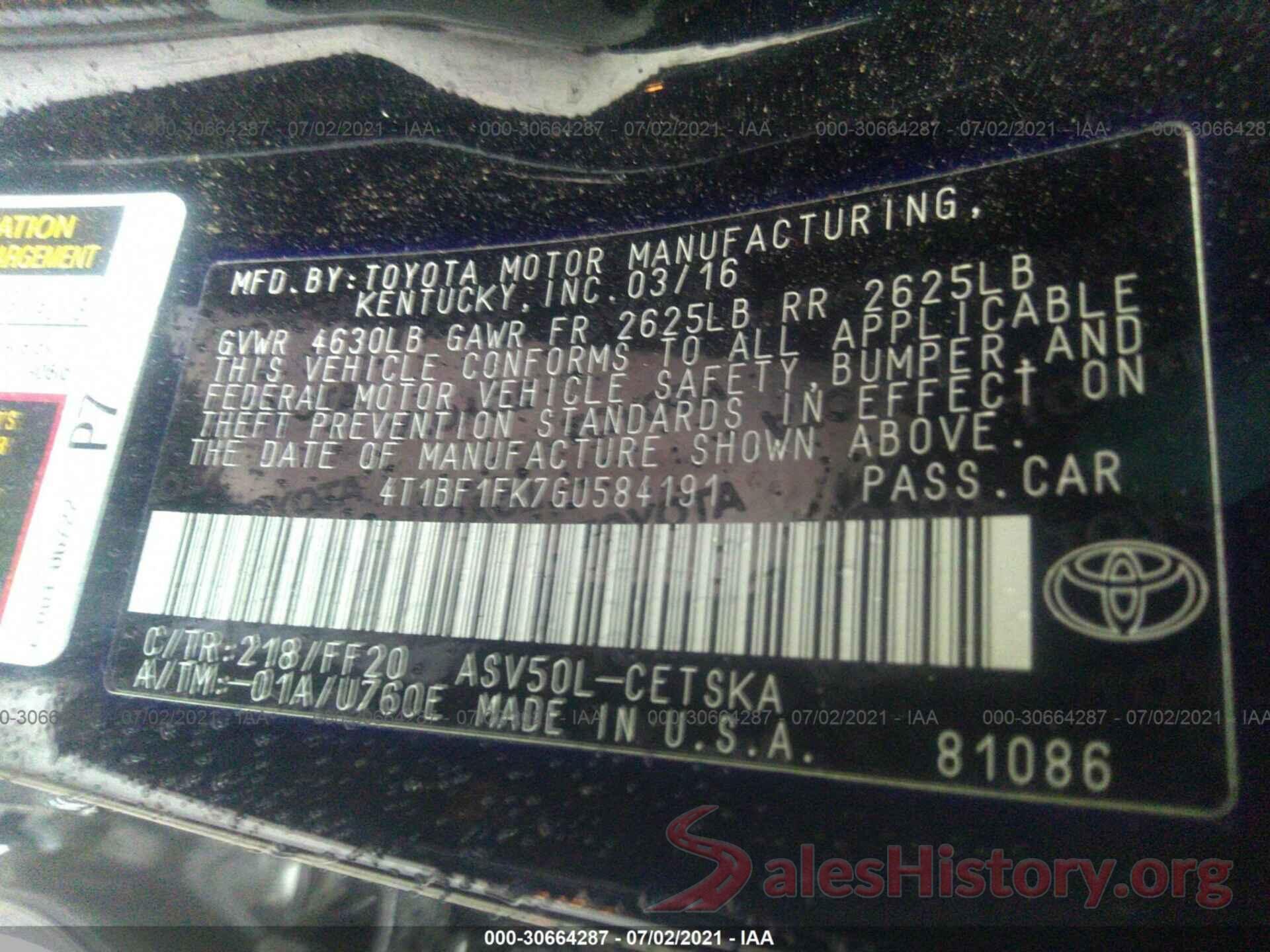 4T1BF1FK7GU584191 2016 TOYOTA CAMRY