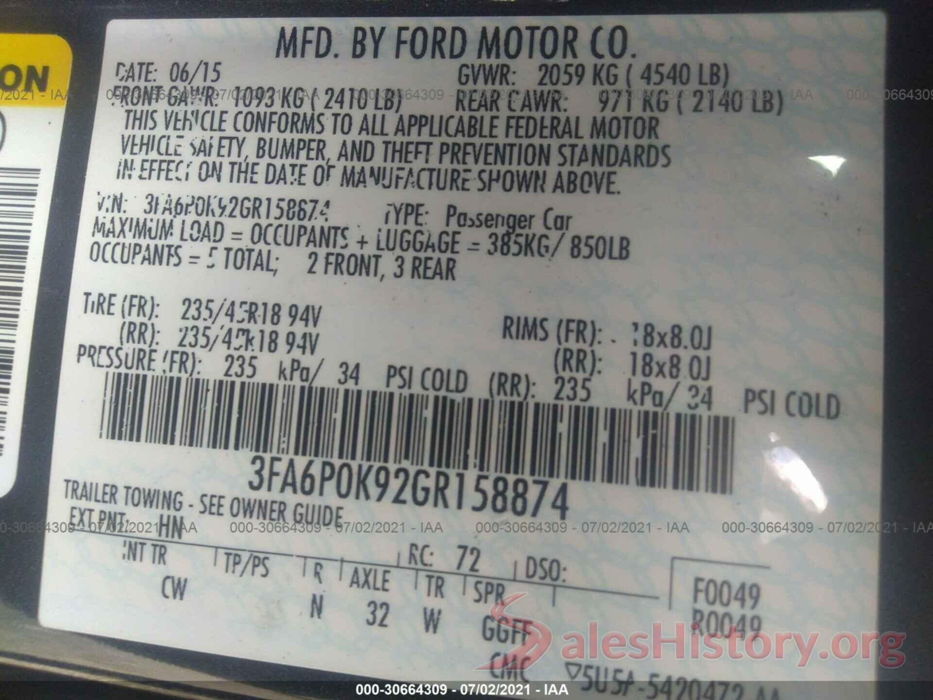 3FA6P0K92GR158874 2016 FORD FUSION