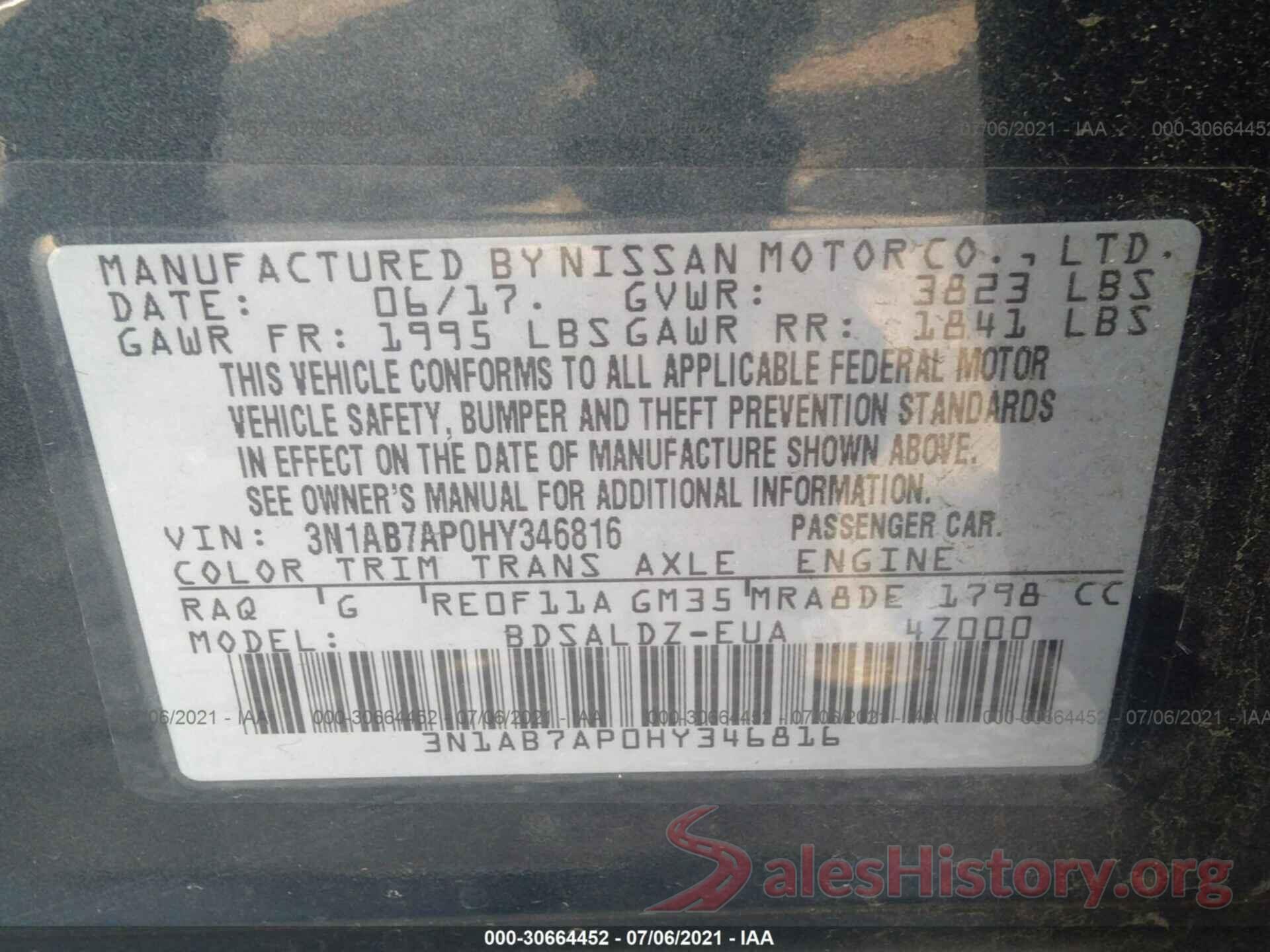 3N1AB7AP0HY346816 2017 NISSAN SENTRA