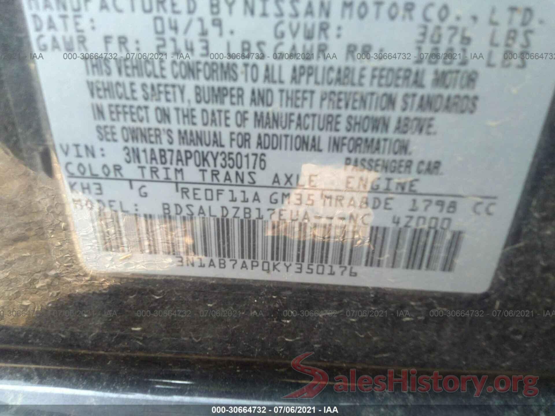 3N1AB7AP0KY350176 2019 NISSAN SENTRA