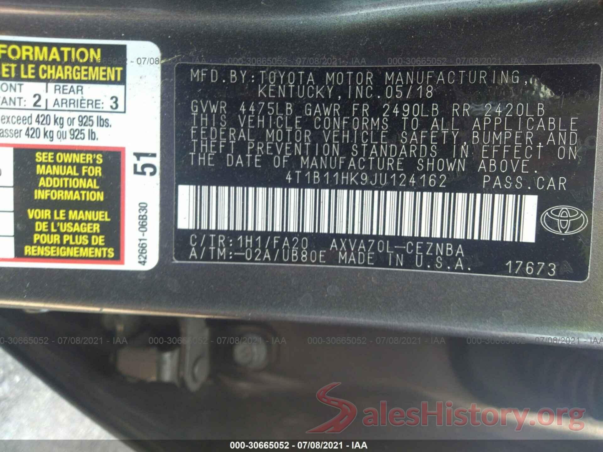 4T1B11HK9JU124162 2018 TOYOTA CAMRY