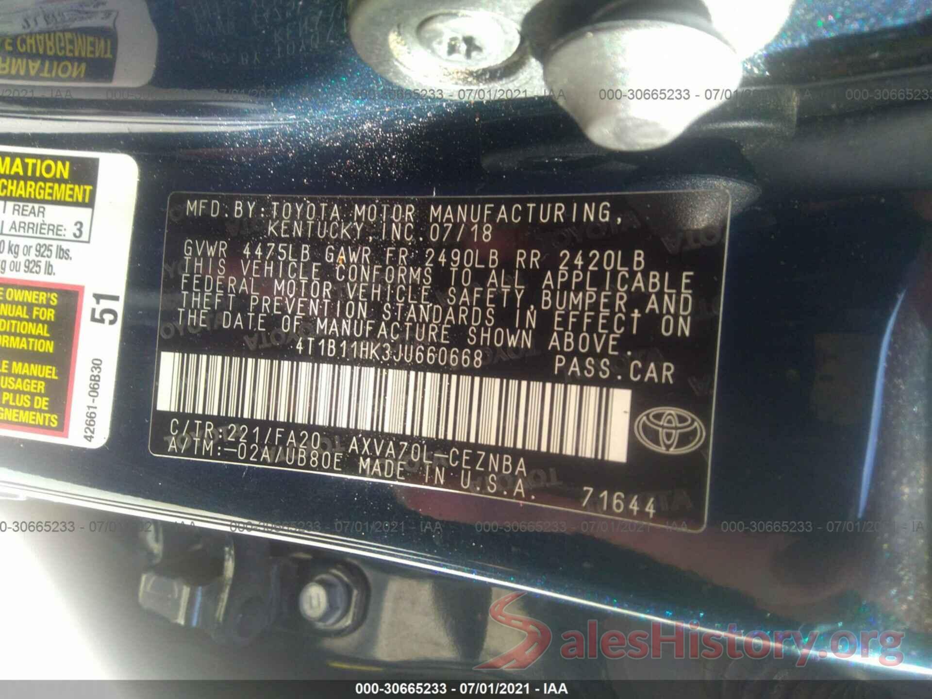 4T1B11HK3JU660668 2018 TOYOTA CAMRY