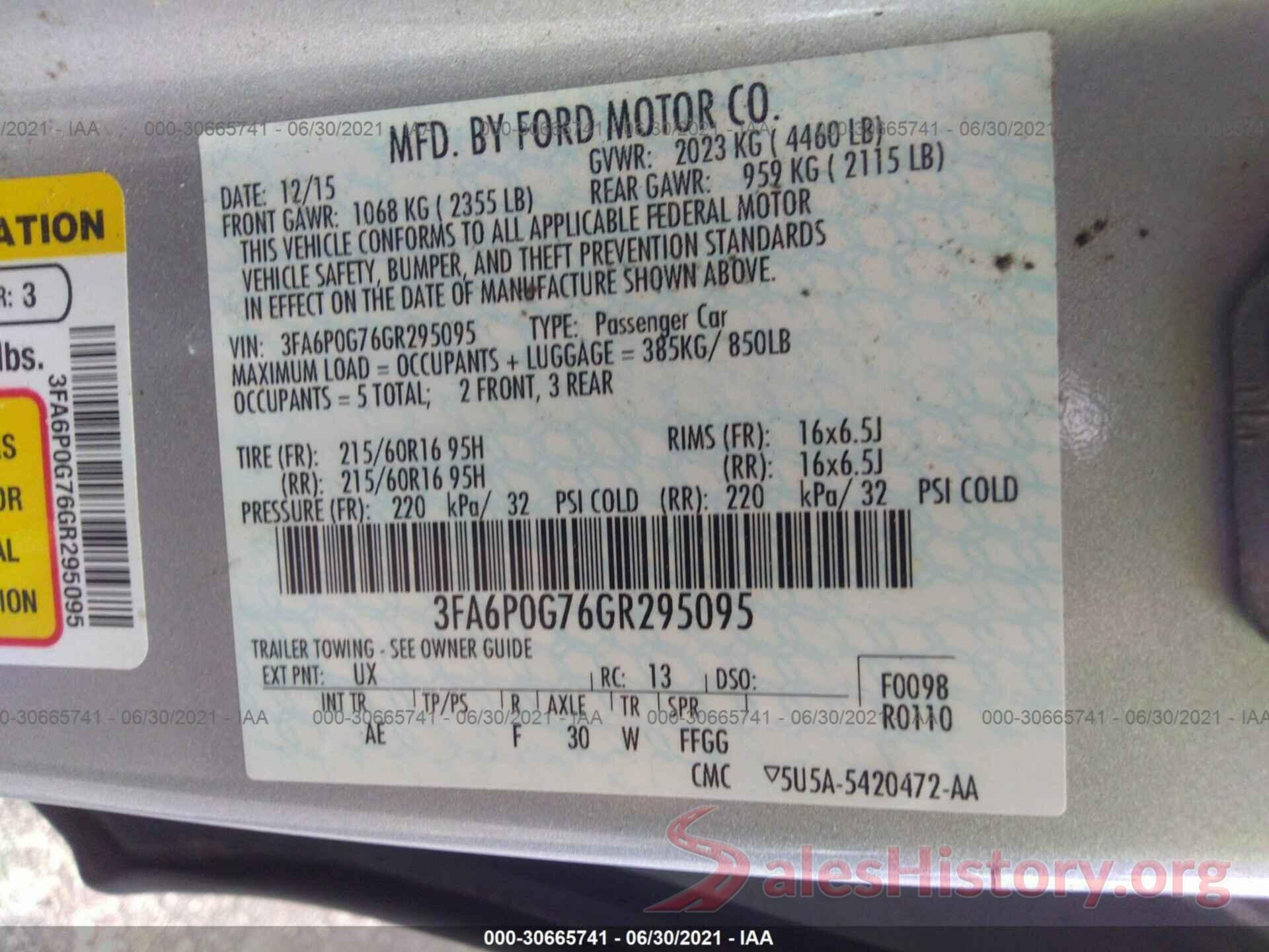 3FA6P0G76GR295095 2016 FORD FUSION