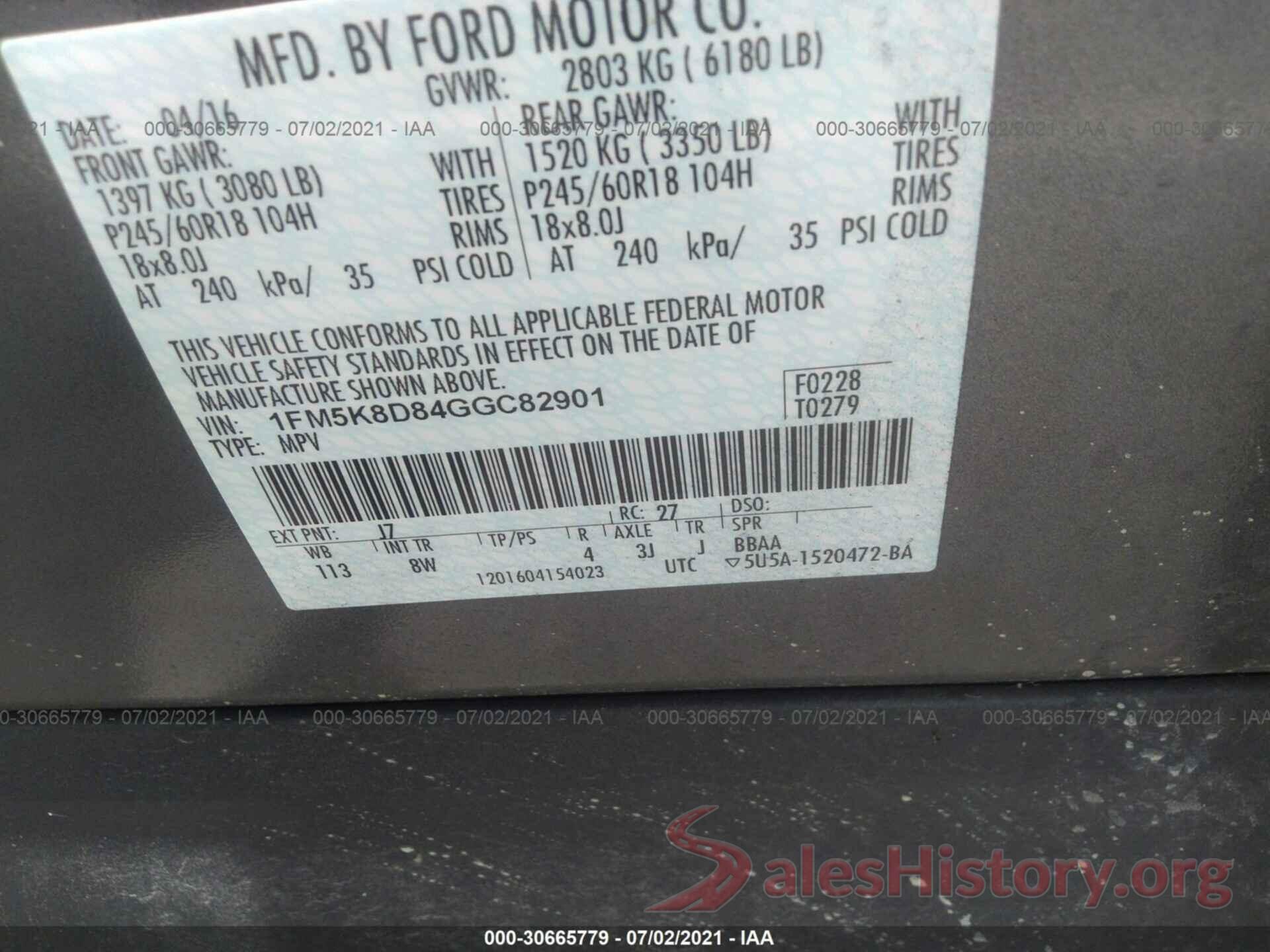 1FM5K8D84GGC82901 2016 FORD EXPLORER