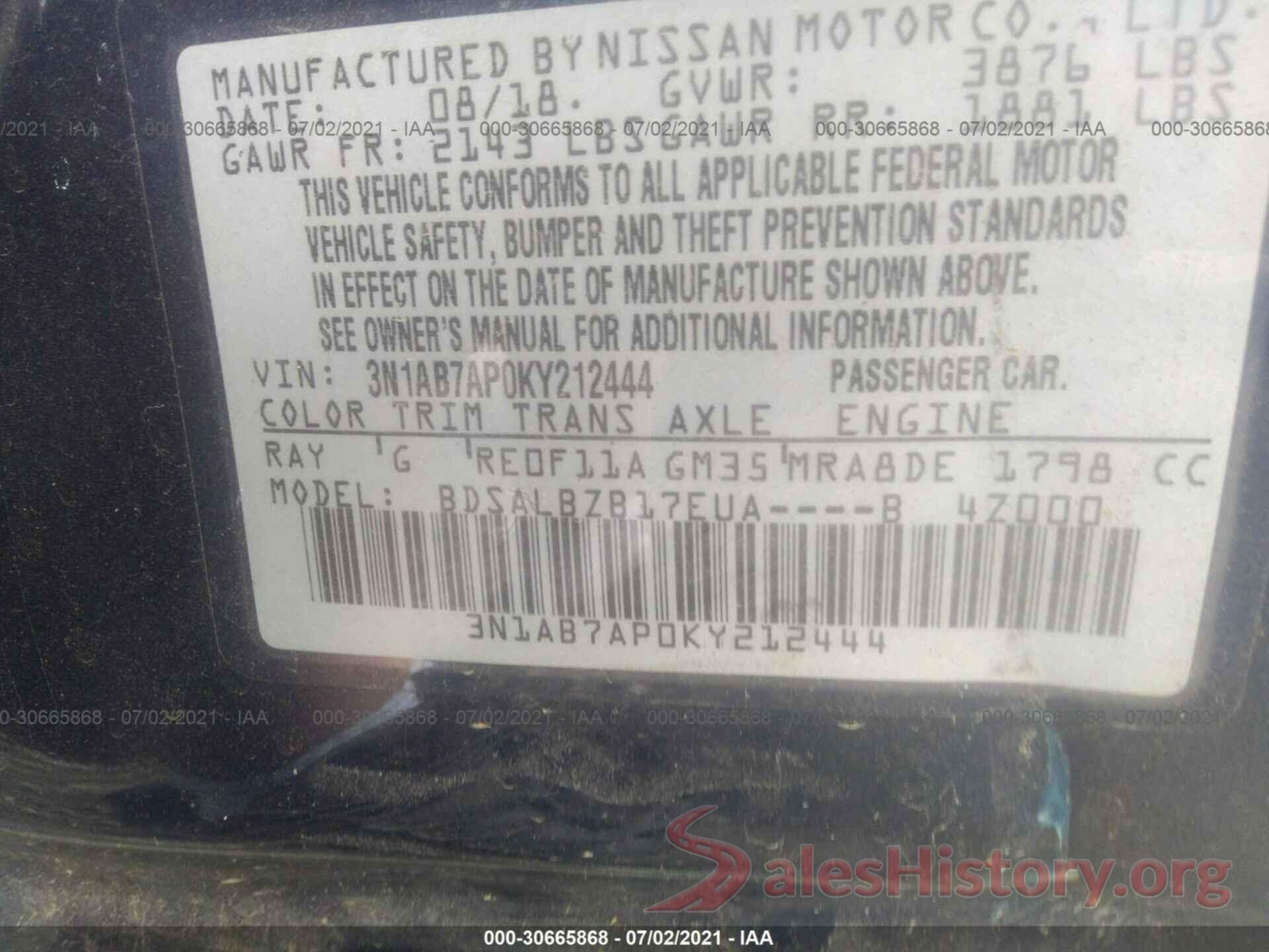 3N1AB7AP0KY212444 2019 NISSAN SENTRA