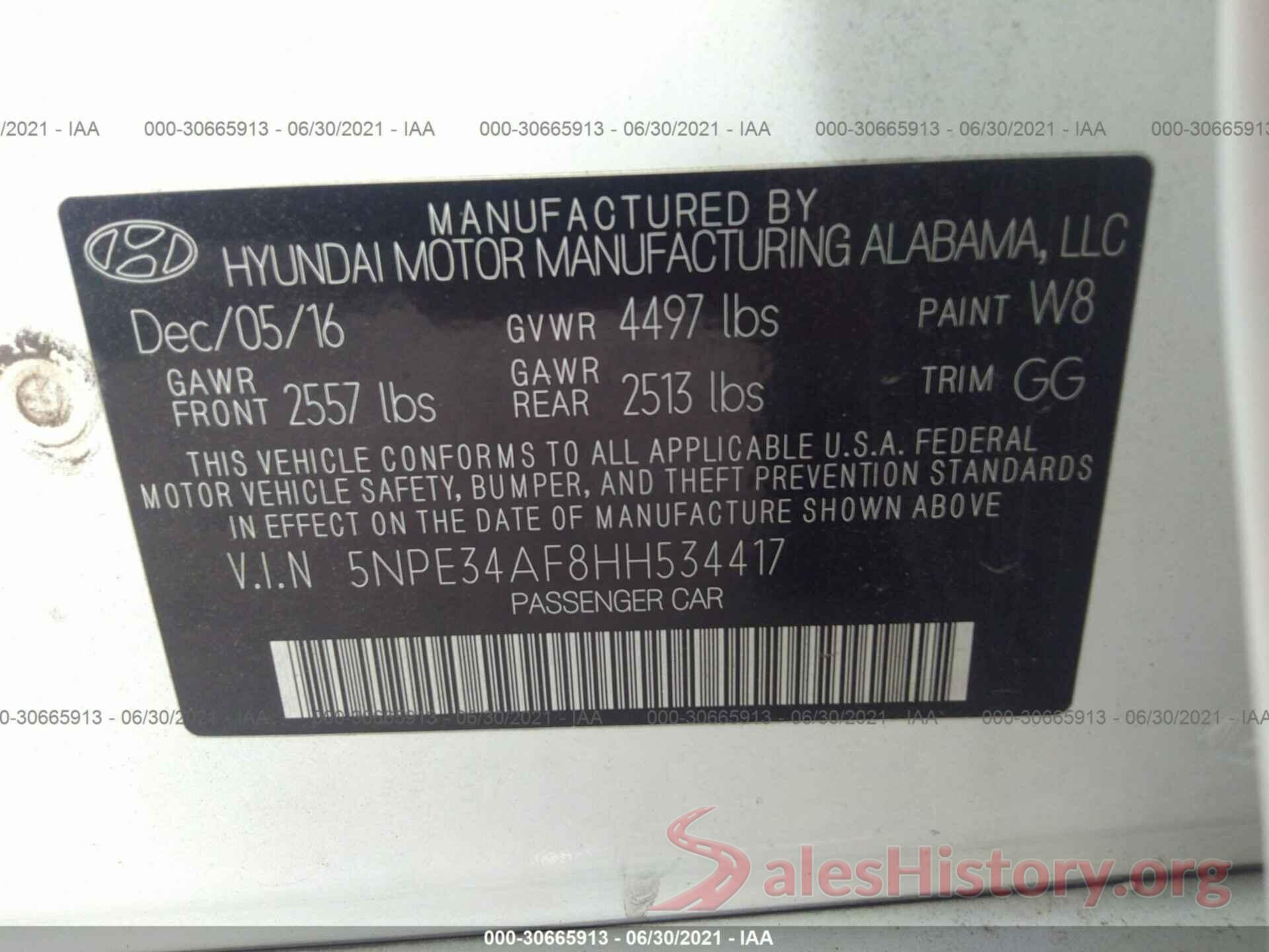 5NPE34AF8HH534417 2017 HYUNDAI SONATA