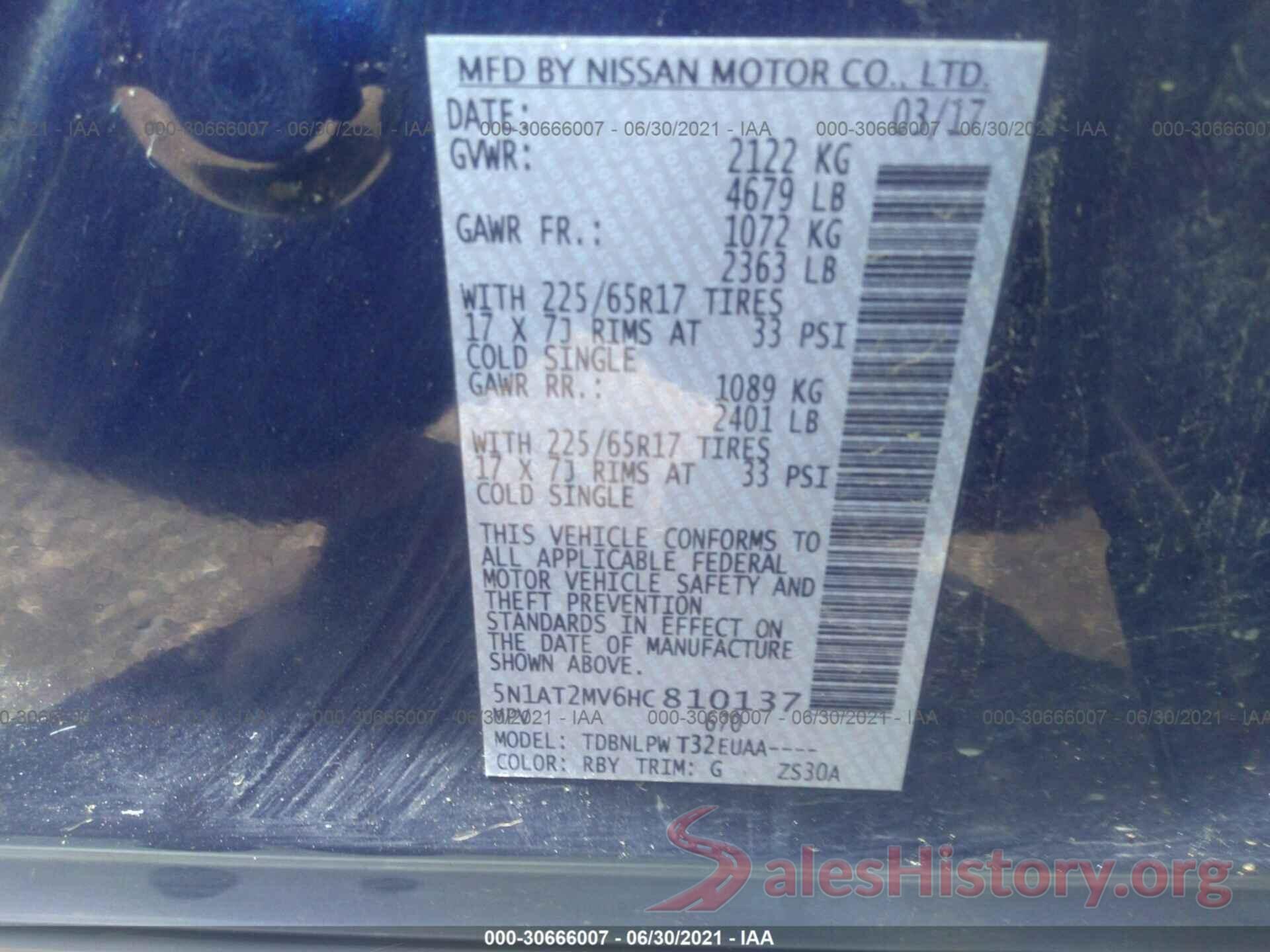 5N1AT2MV6HC810137 2017 NISSAN ROGUE