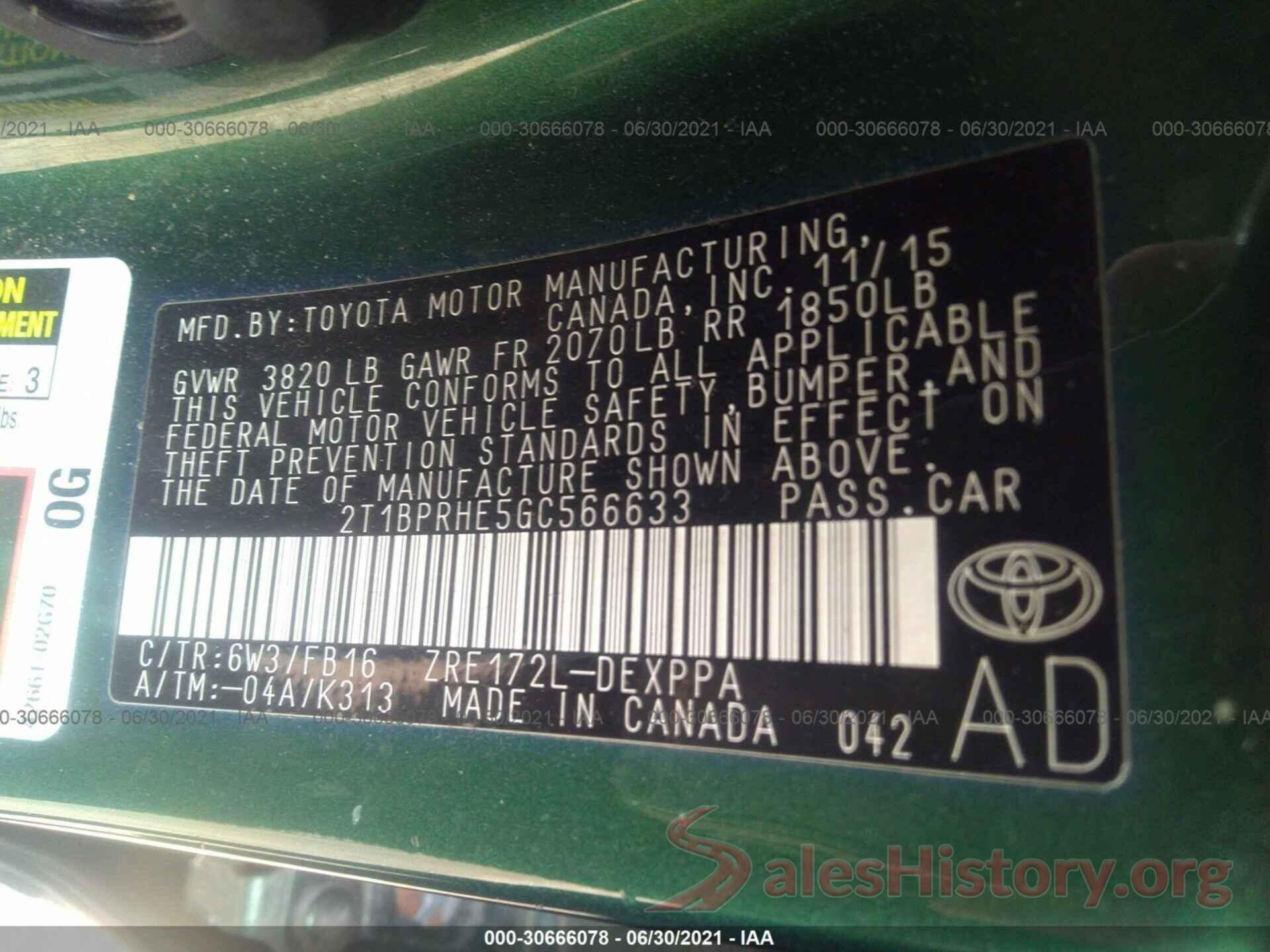 2T1BPRHE5GC566633 2016 TOYOTA COROLLA