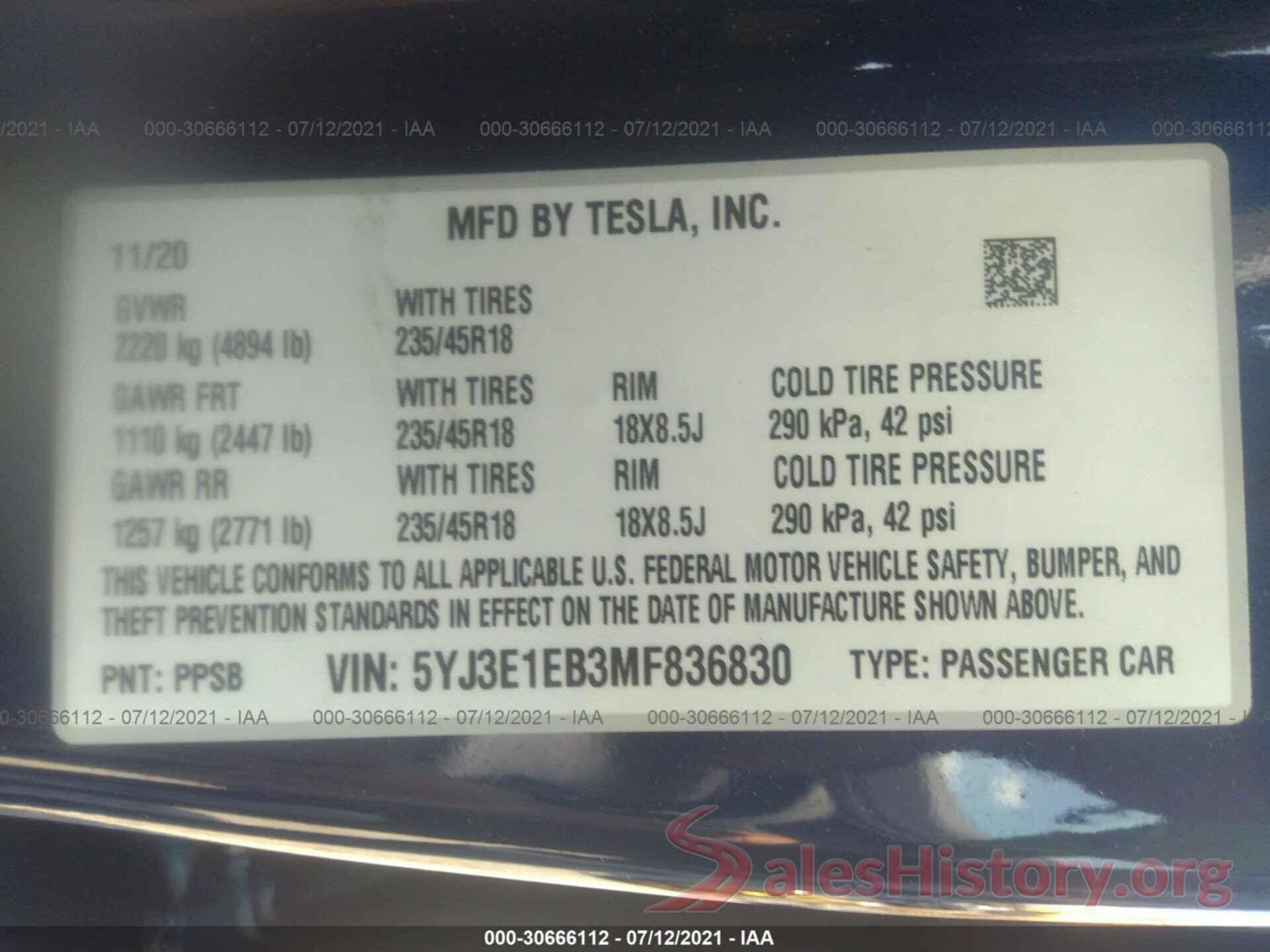 5YJ3E1EB3MF836830 2021 TESLA MODEL 3