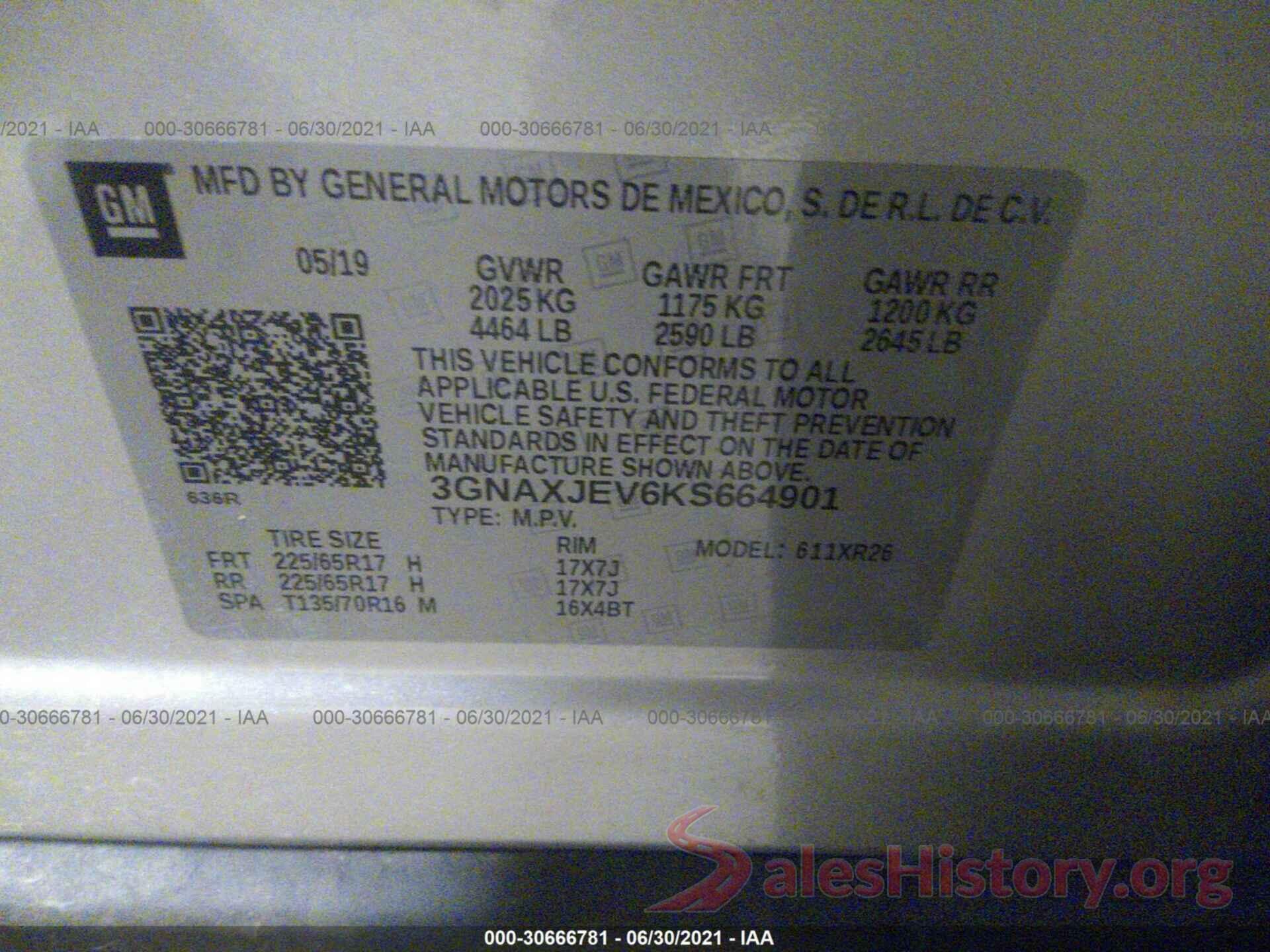 3GNAXJEV6KS664901 2019 CHEVROLET EQUINOX