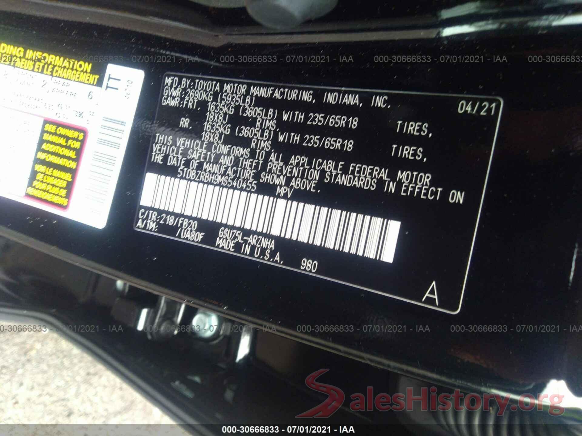 5TDBZRBH9MS540455 2021 TOYOTA HIGHLANDER