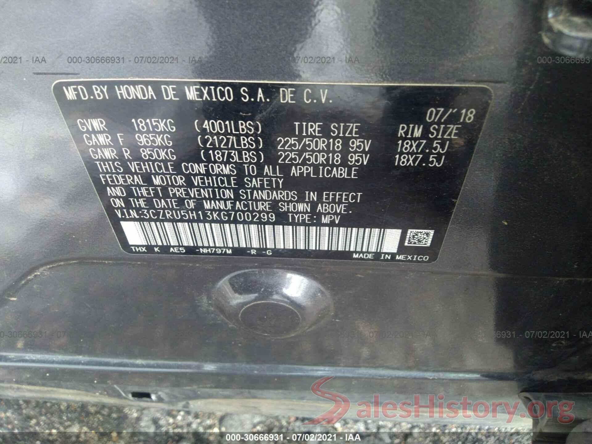 3CZRU5H13KG700299 2019 HONDA HR-V