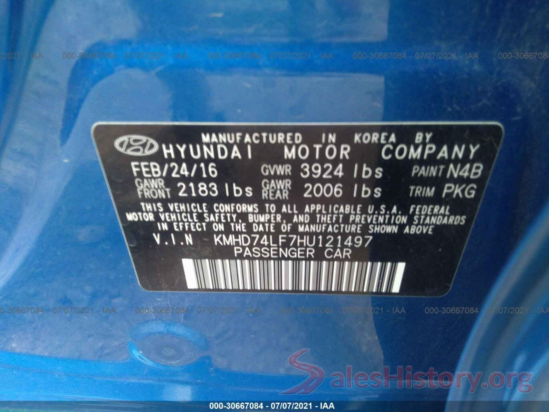 KMHD74LF7HU121497 2017 HYUNDAI ELANTRA