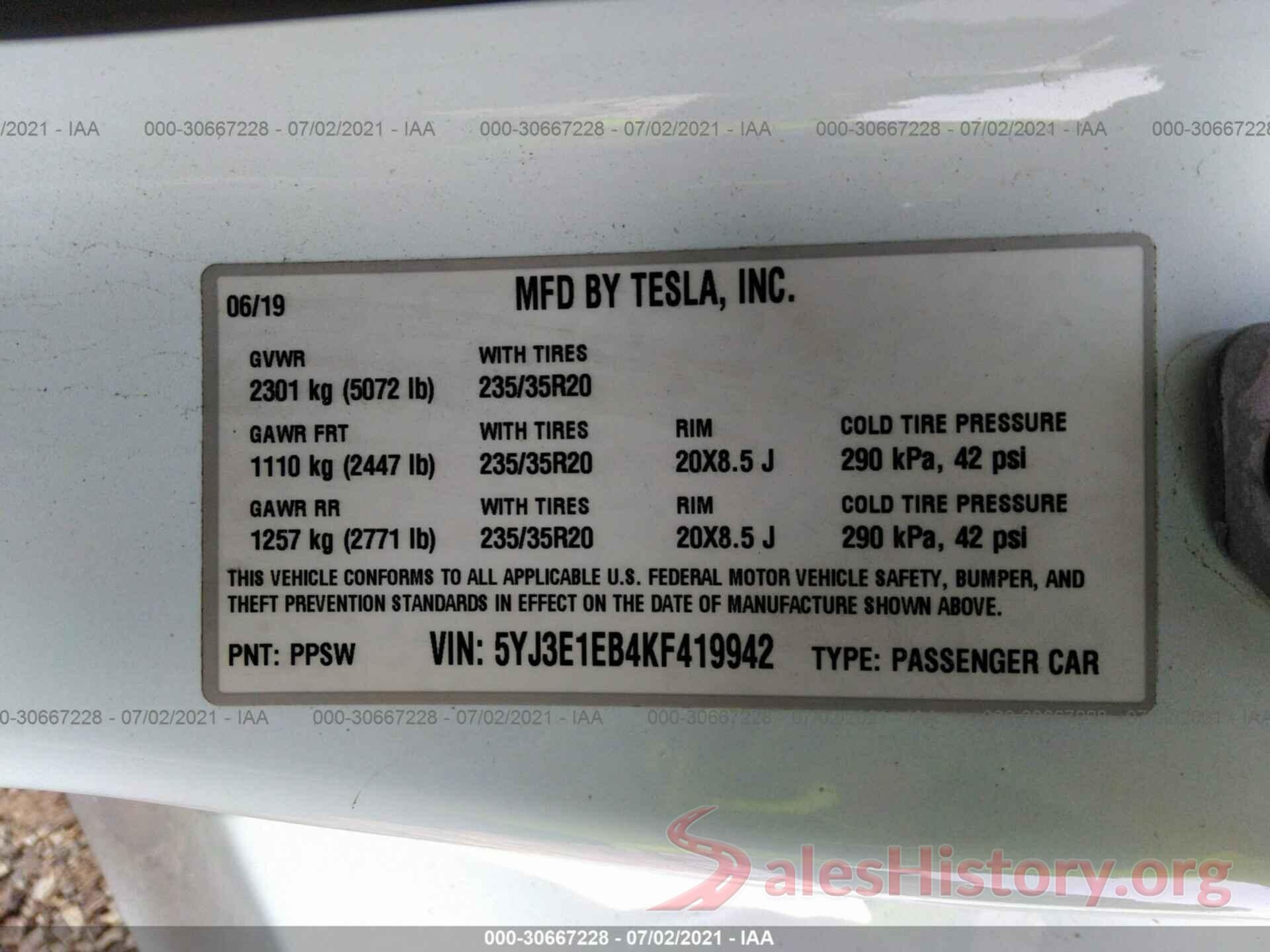 5YJ3E1EB4KF419942 2019 TESLA MODEL 3