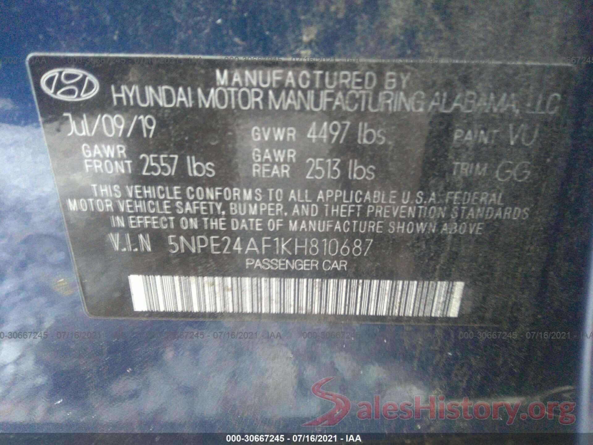 5NPE24AF1KH810687 2019 HYUNDAI SONATA