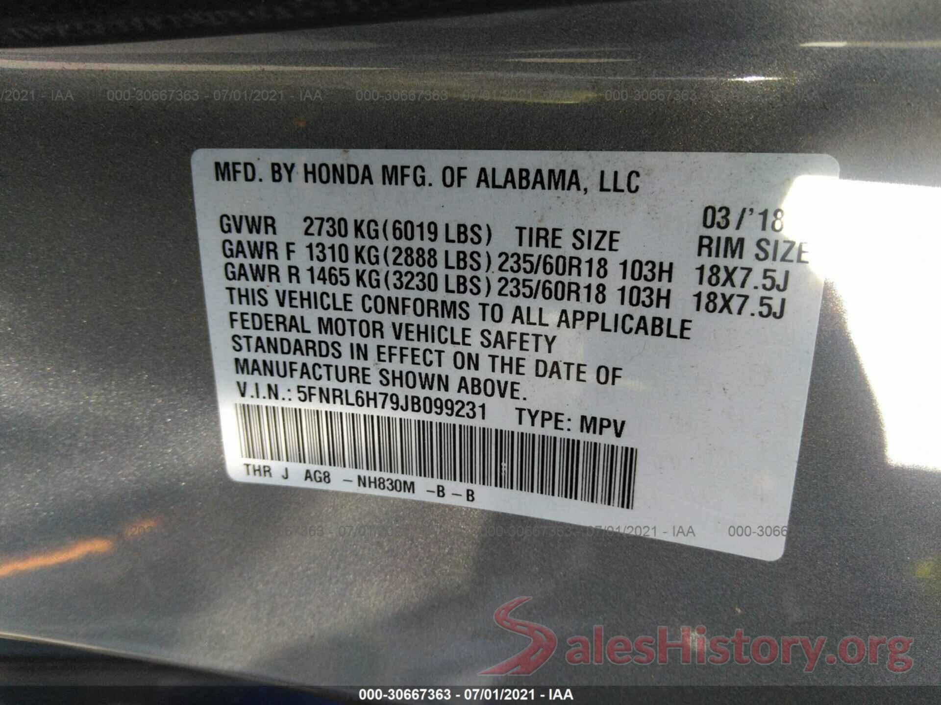 5FNRL6H79JB099231 2018 HONDA ODYSSEY