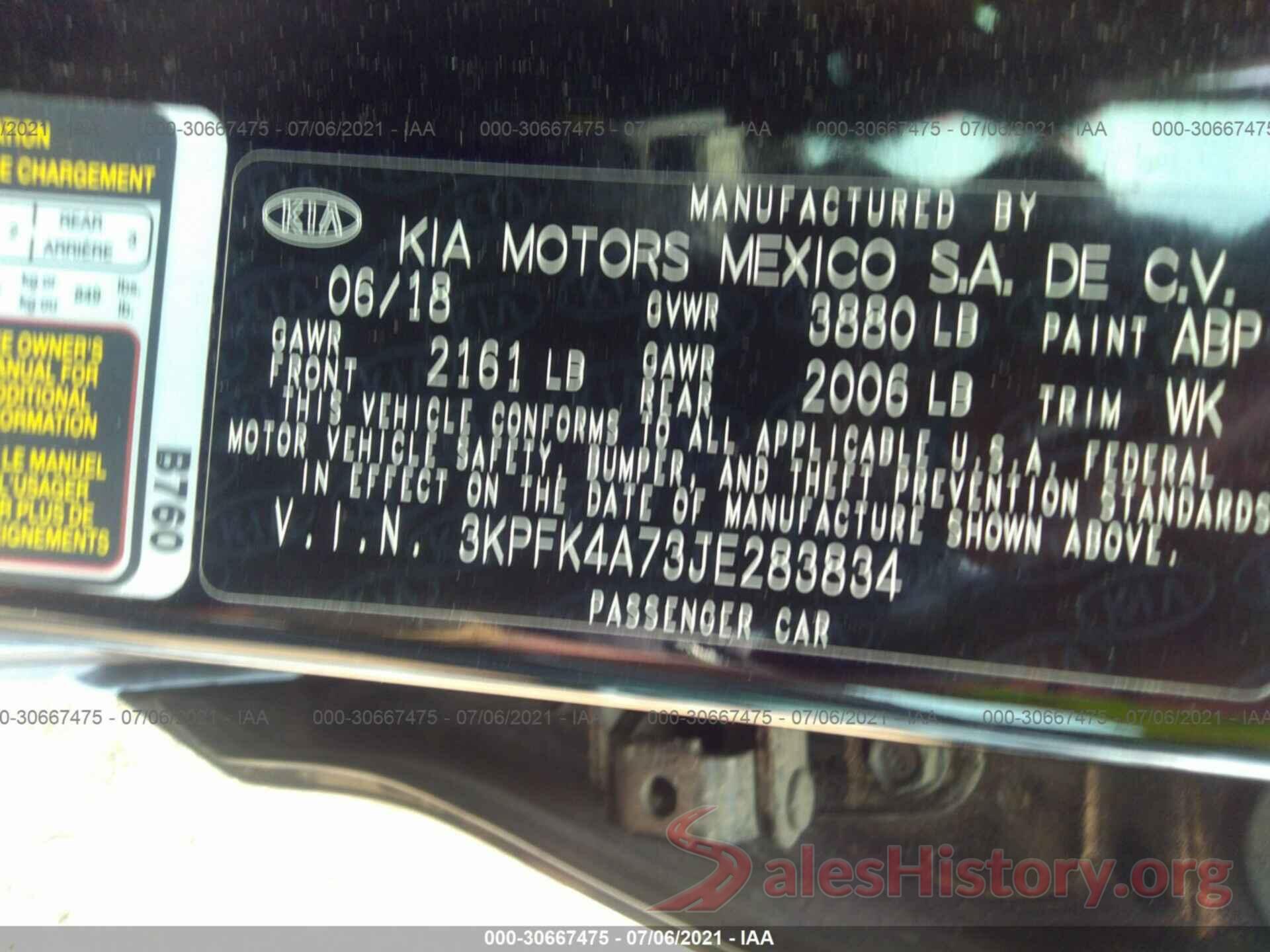 3KPFK4A73JE283834 2018 KIA FORTE