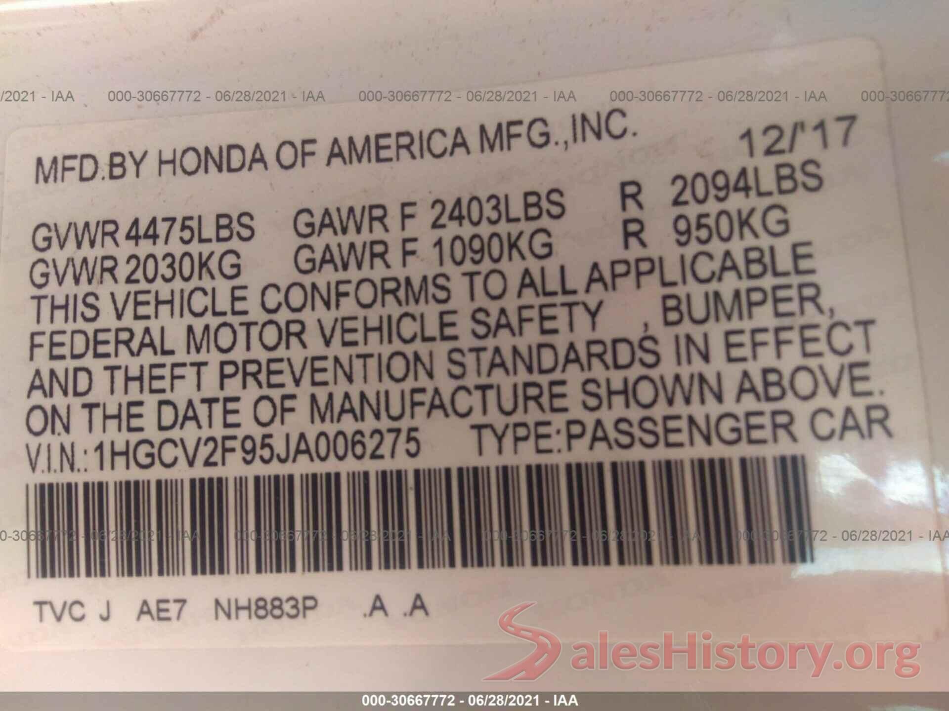 1HGCV2F95JA006275 2018 HONDA ACCORD SEDAN